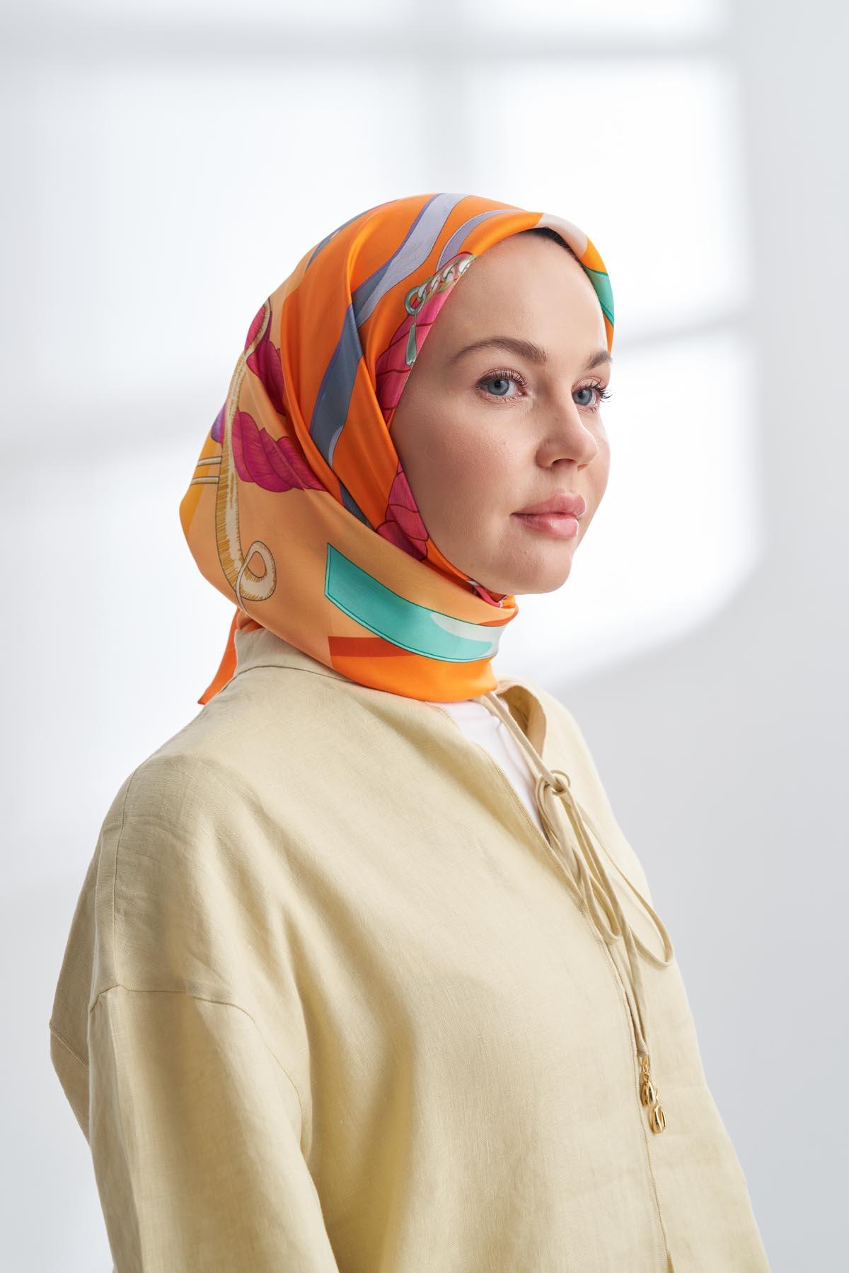 Armanda Fior Desen Tivil İpek Eşarp 4324-Orange