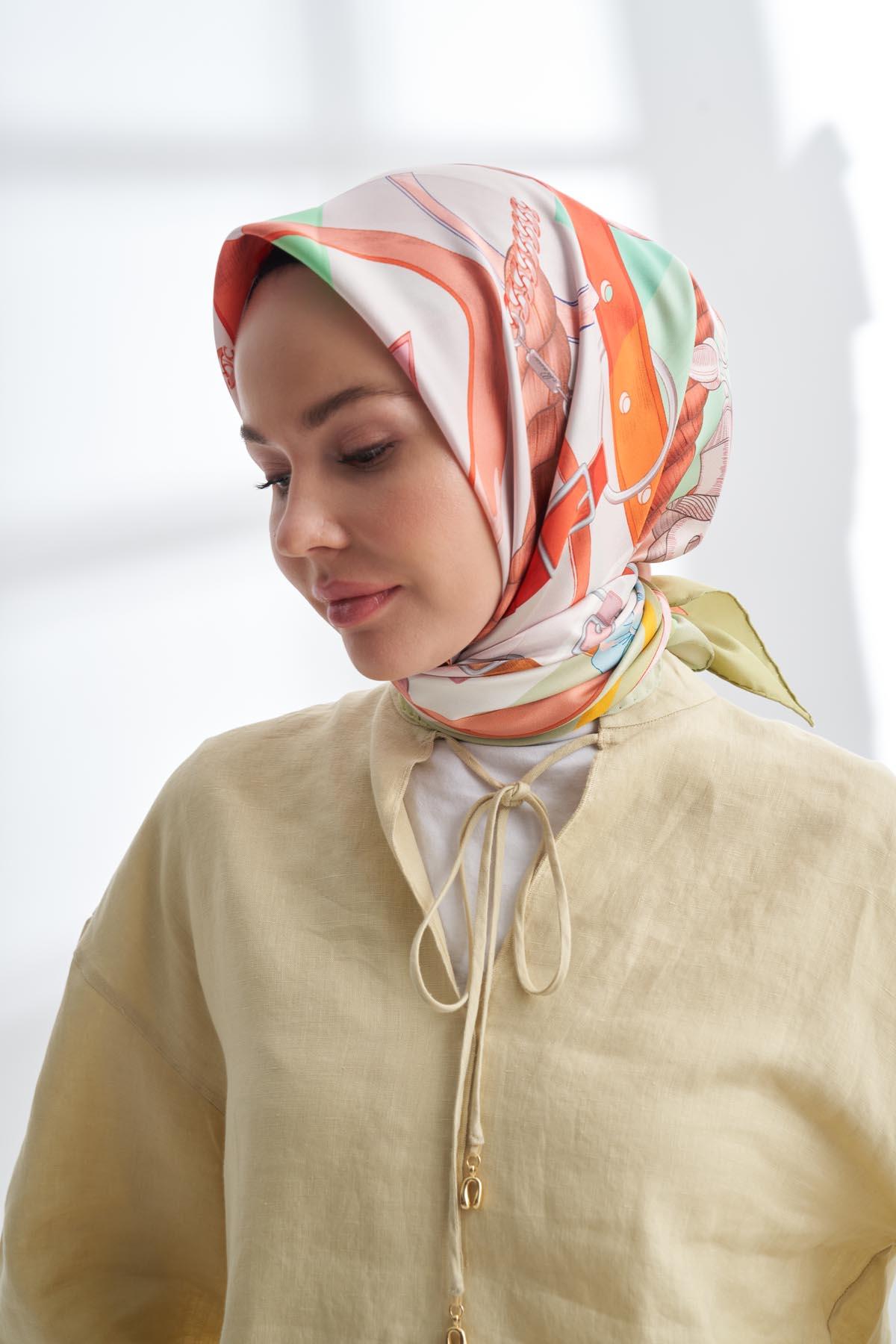 Armanda Fior Desen Tivil İpek Eşarp 4324-Soft Yeşil