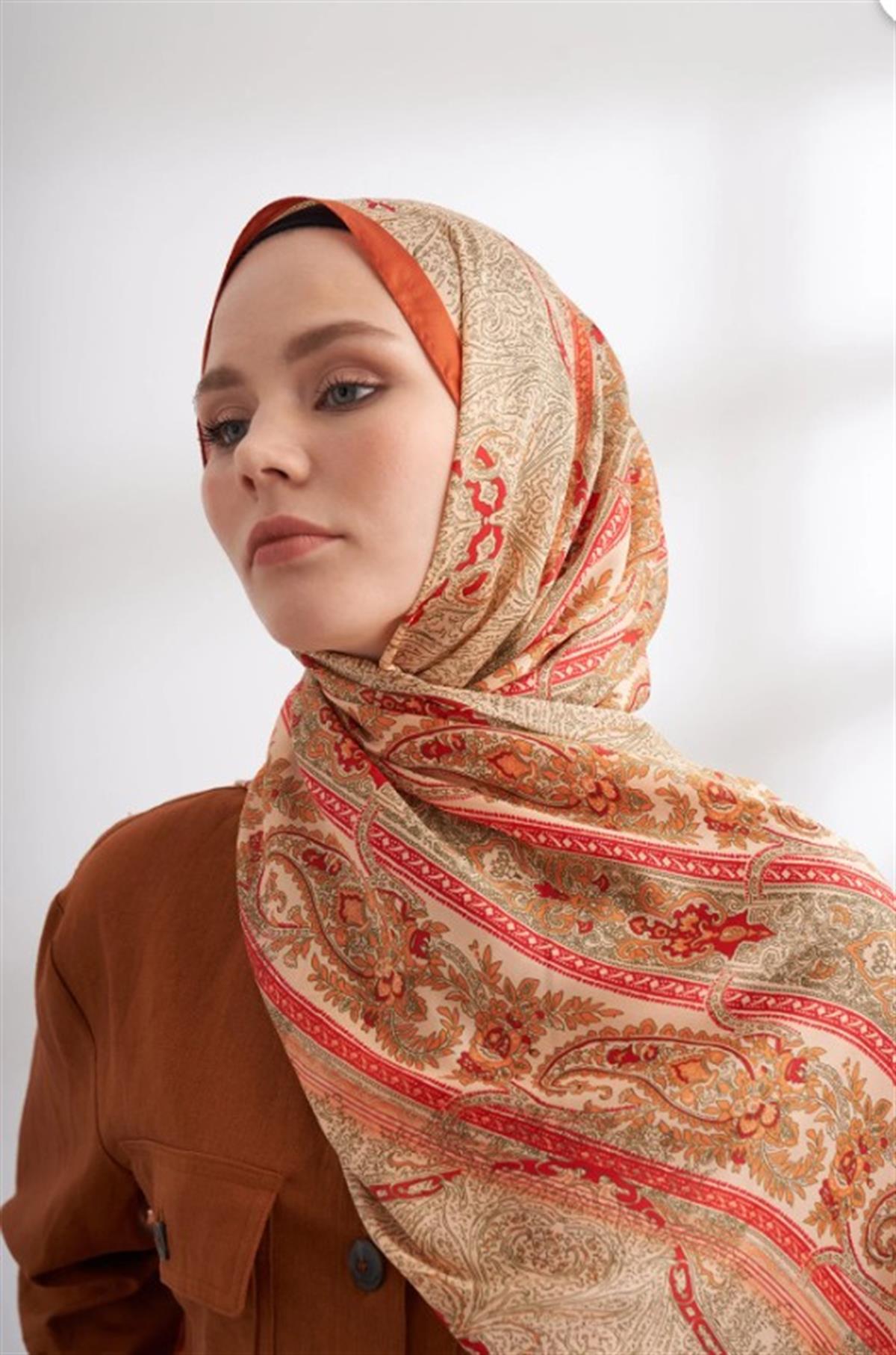 Armanda İthal Vual Nuit Desen Şal 04463-Camel Orange