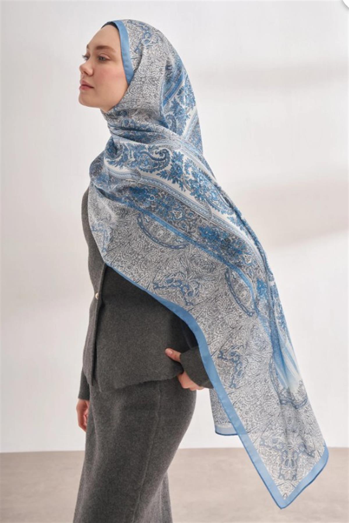 Armanda İthal Vual Nuit Desen Şal 04463-Kot Mavisi
