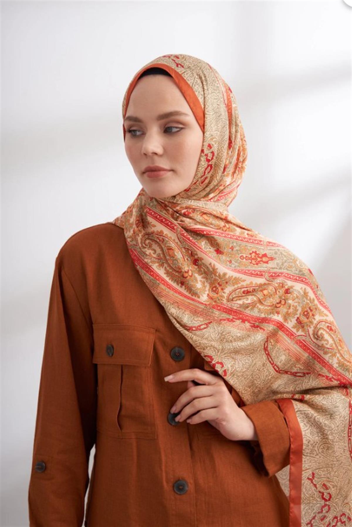 Armanda İthal Vual Nuit Desen Şal 04463-Camel Orange