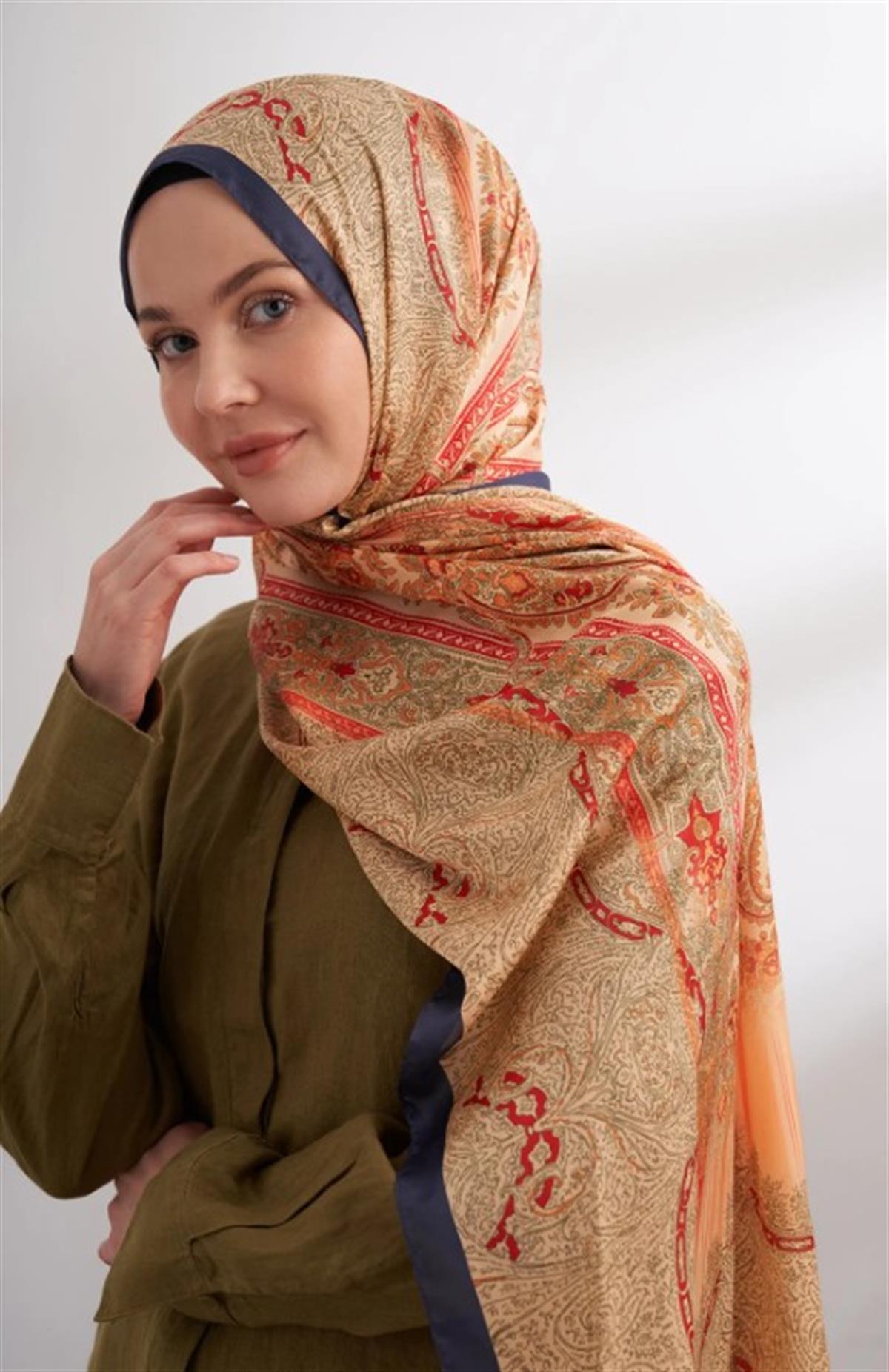 Armanda İthal Vual Nuit Desen Şal 04463-Lacivert Orange