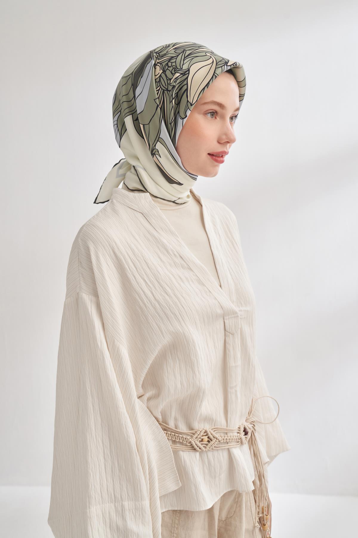 Armanda İvory Desen Tivil İpek Eşarp 4356-Çağla Yeşili