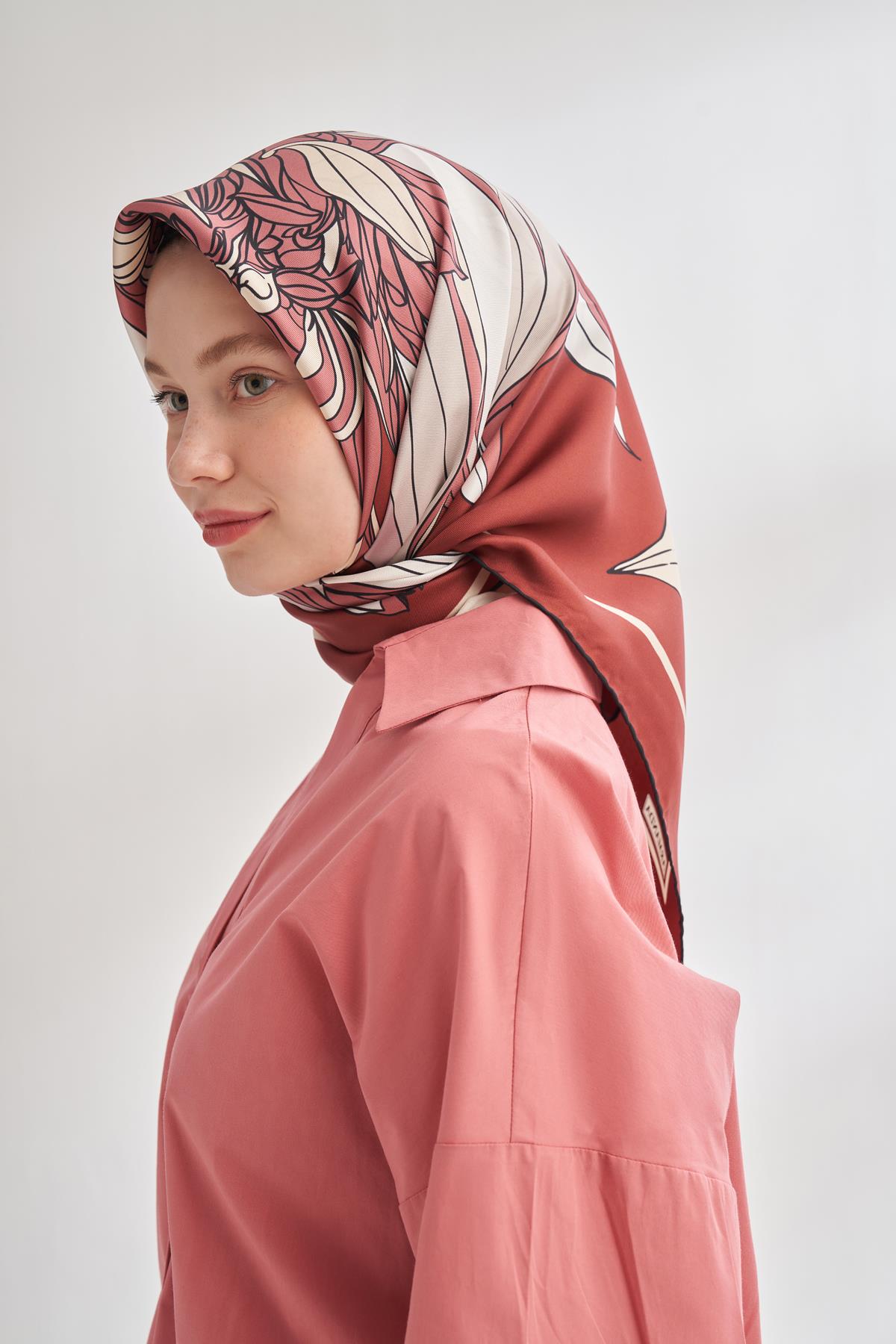 Armanda İvory Desen Tivil İpek Eşarp 4356-Bordo