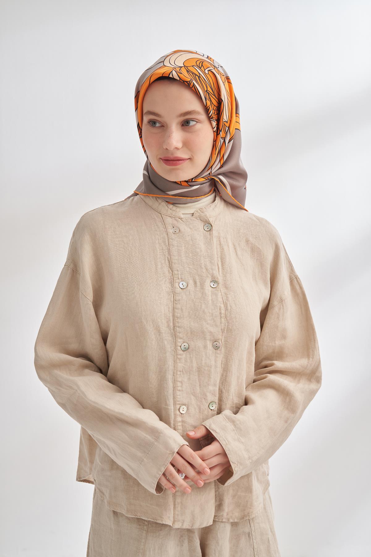 Armanda İvory Desen Tivil İpek Eşarp 4356-Vizon Orange