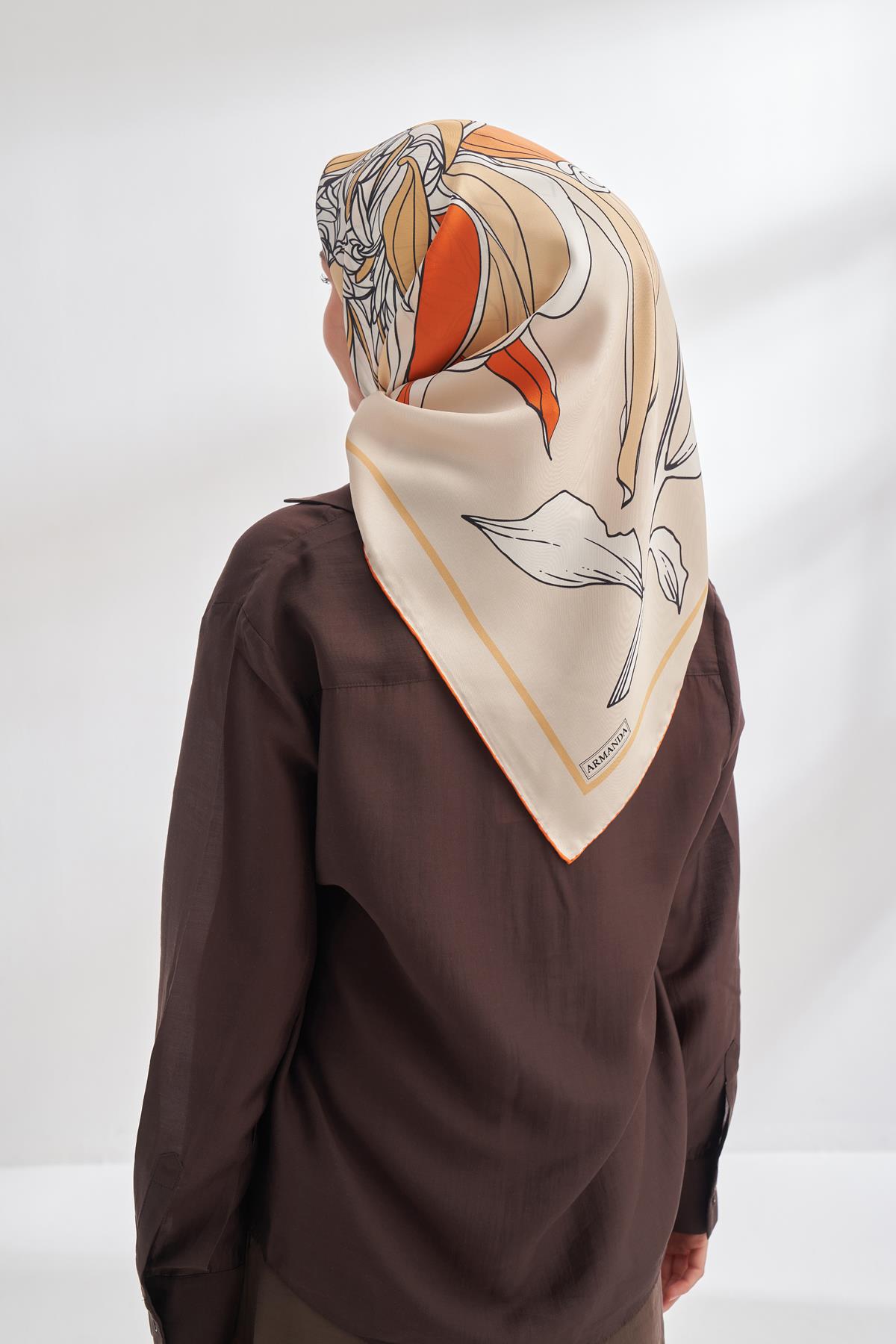 Armanda İvory Desen Tivil İpek Eşarp 4356-Bej Orange