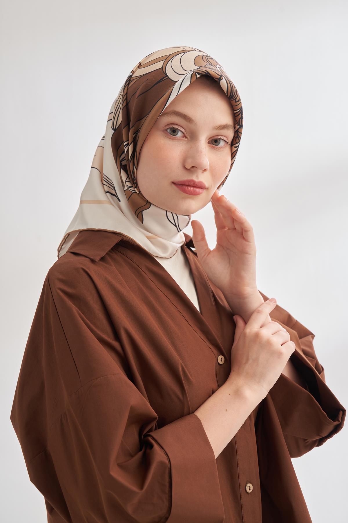 Armanda İvory Desen Tivil İpek Eşarp 4356-Kahve