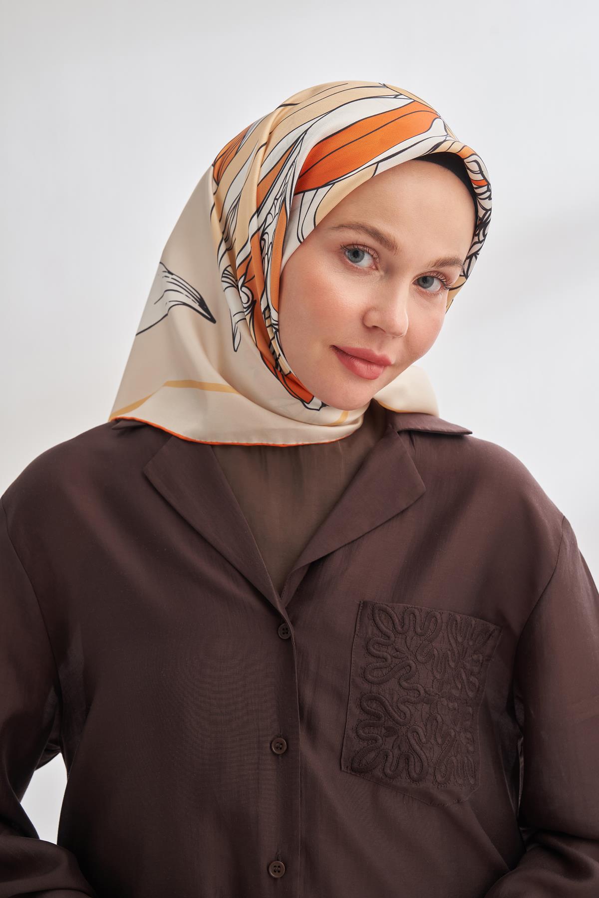 Armanda İvory Desen Tivil İpek Eşarp 4356-Bej Orange
