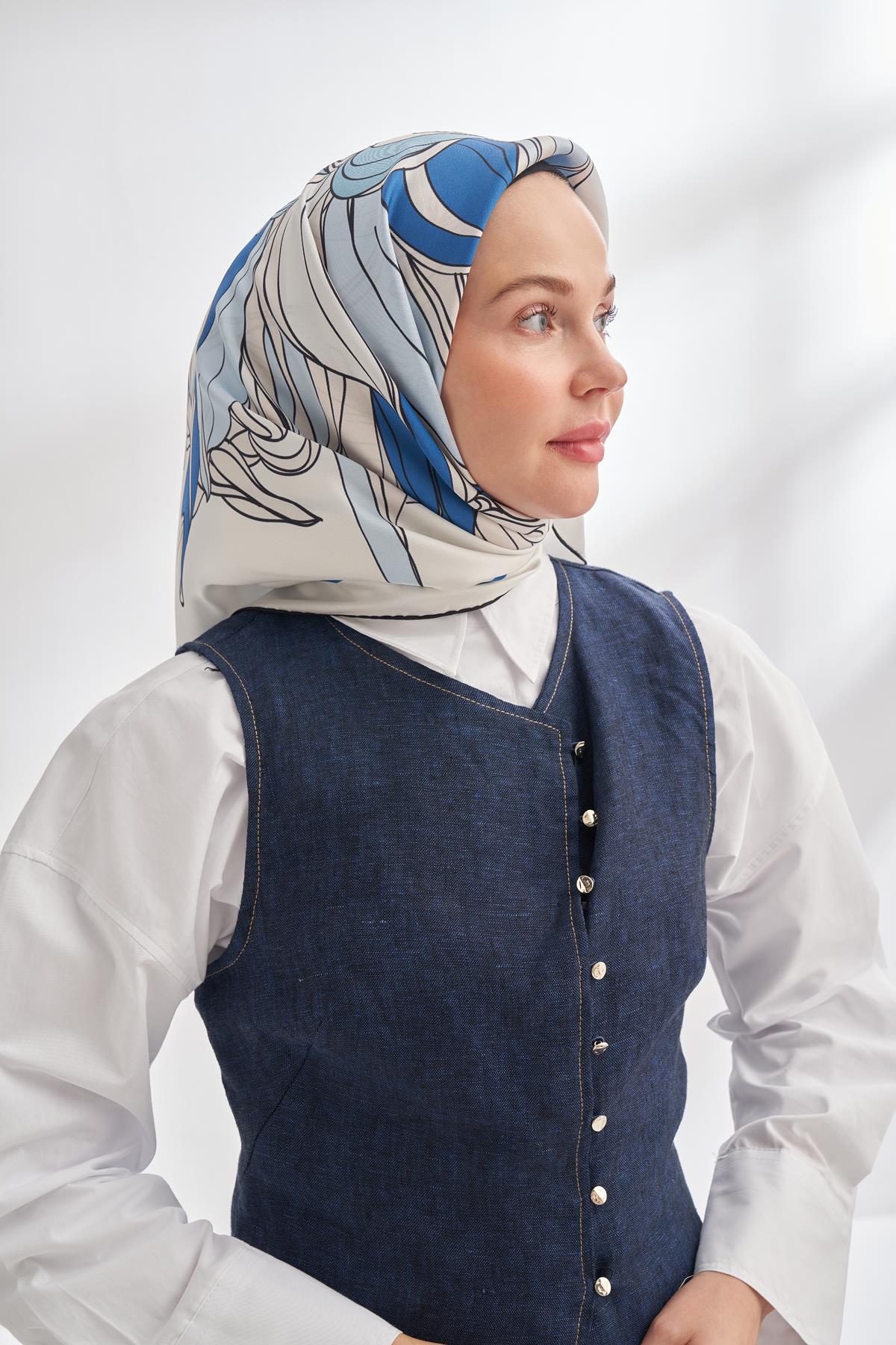 Armanda İvory Desen Tivil İpek Eşarp 4356-Krem İndigo