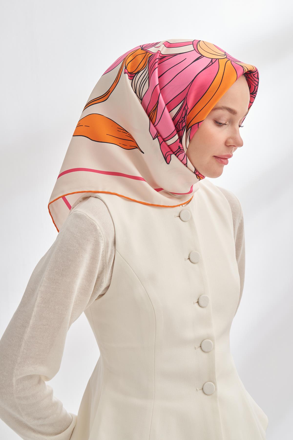 Armanda İvory Desen Tivil İpek Eşarp 4356-Fuşya