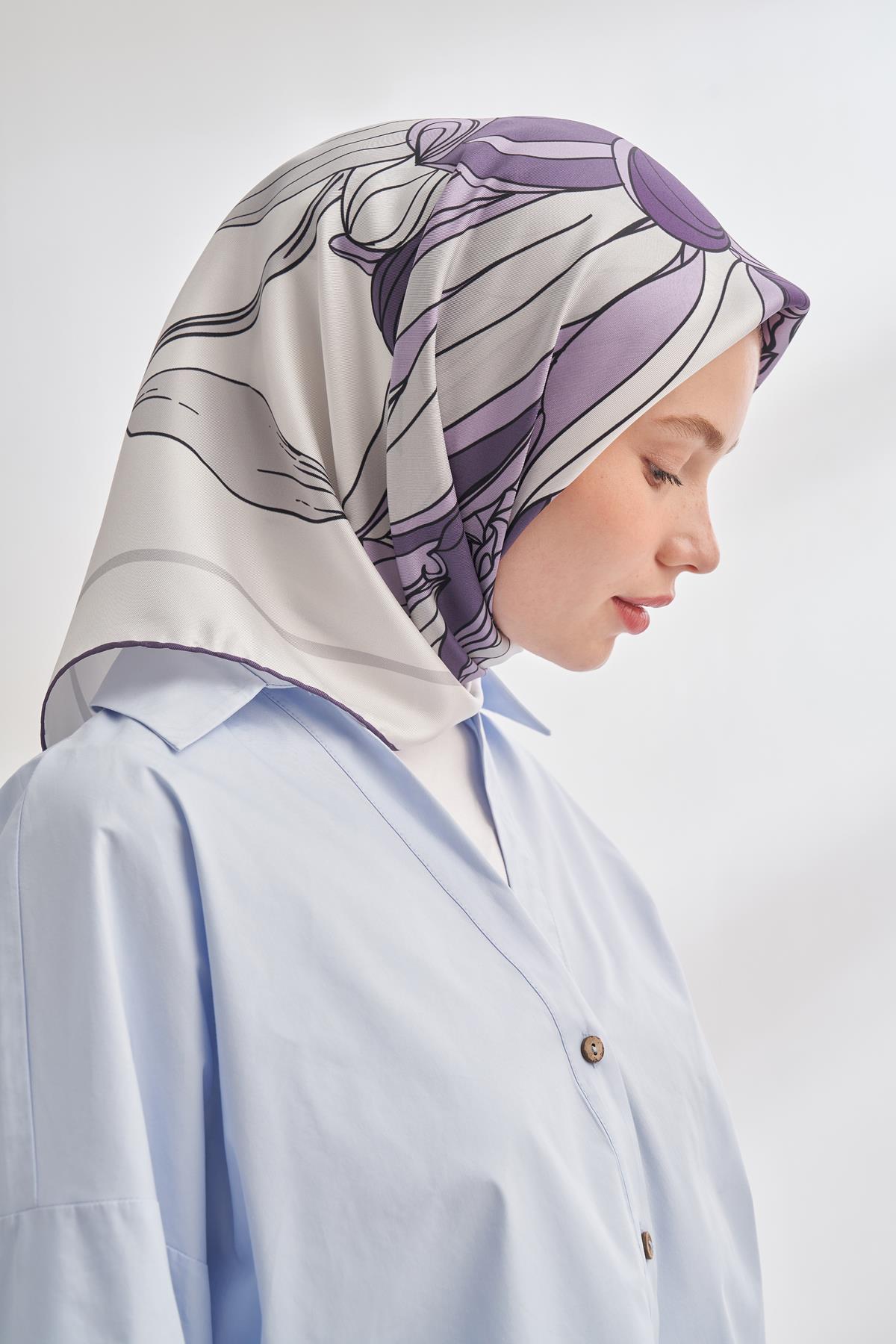 Armanda İvory Desen Tivil İpek Eşarp 4356-Mürdüm