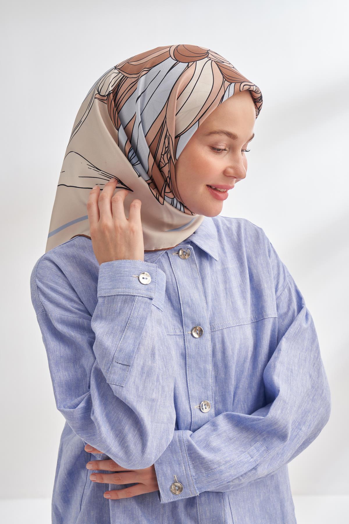 Armanda İvory Desen Tivil İpek Eşarp 4356-Taş