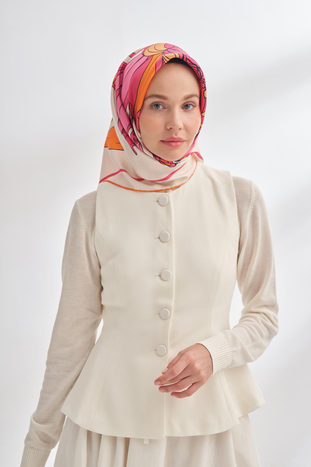 Armanda İvory Desen Tivil İpek Eşarp 4356-Fuşya