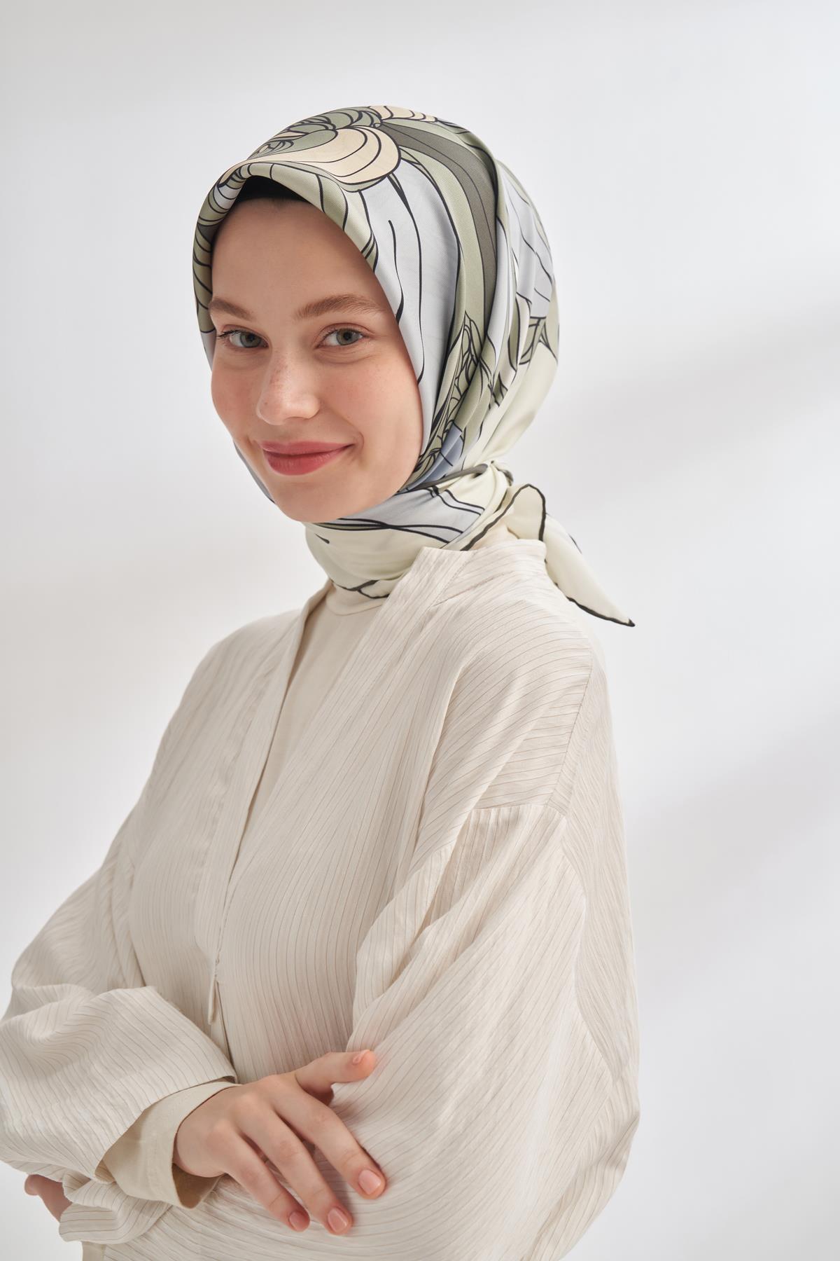 Armanda İvory Desen Tivil İpek Eşarp 4356-Çağla Yeşili