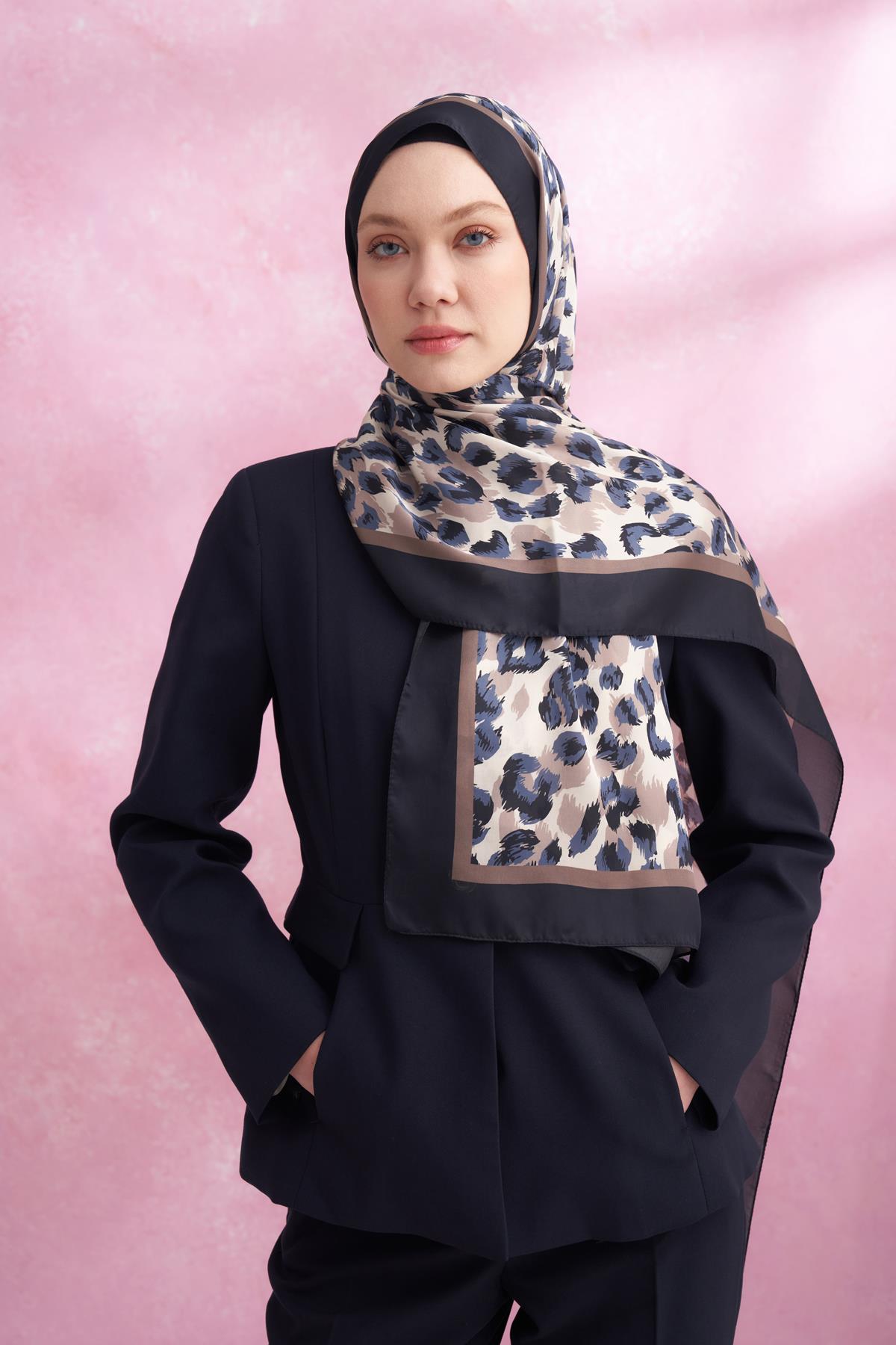 Armanda Leopar Vual Multi Desen Şal 6041-Lacivert Vizon