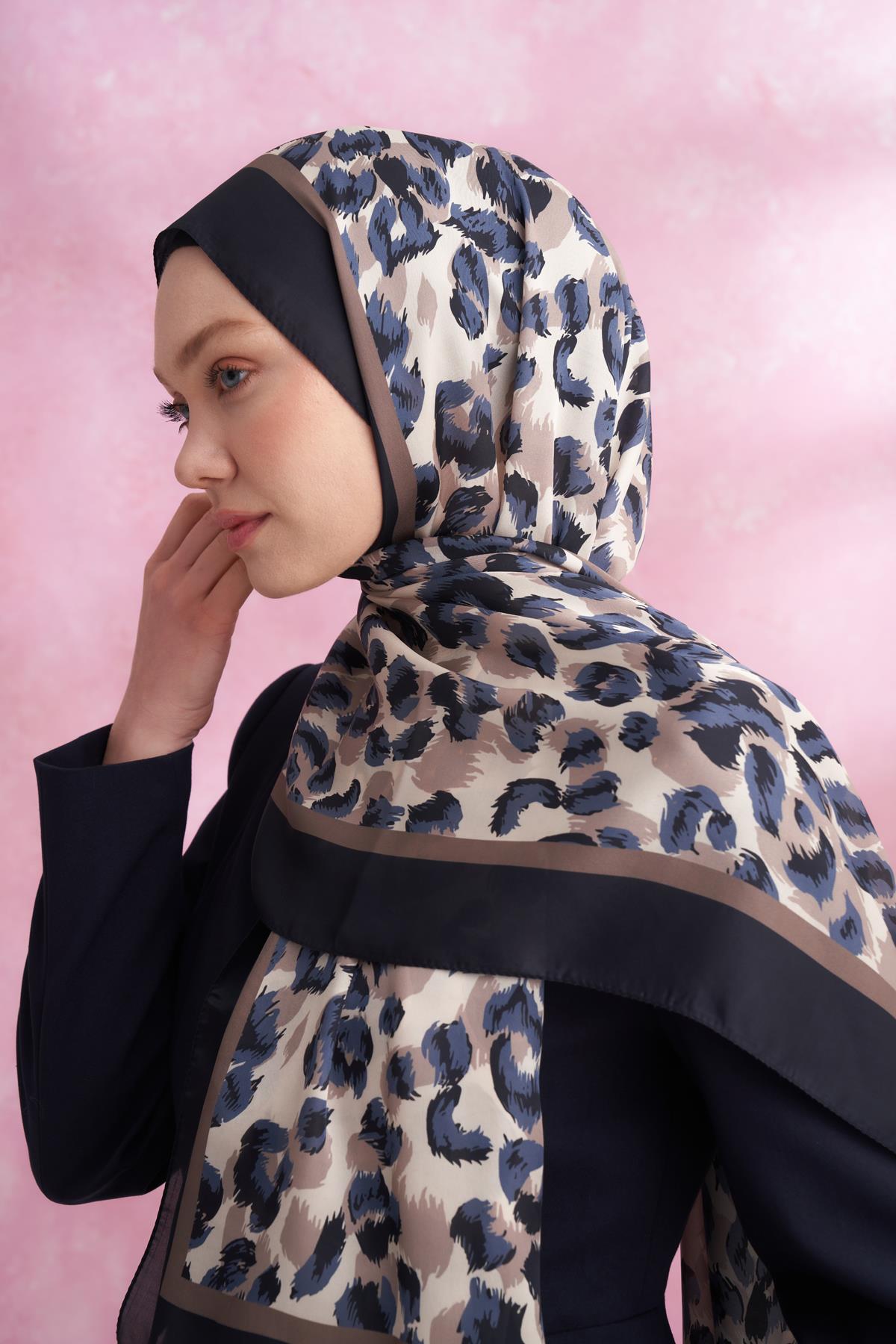 Armanda Leopar Vual Multi Desen Şal 6041-Lacivert Vizon