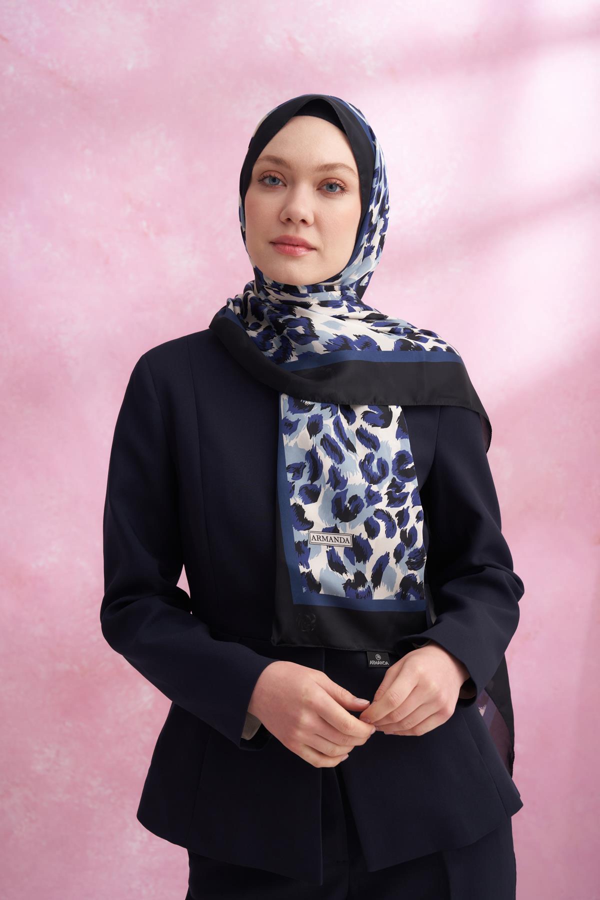 Armanda Leopar Vual Multi Desen Şal 6041-lacivert