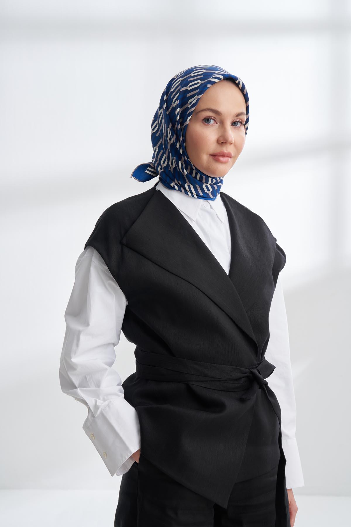 Armanda Line Desen Tivil İpek Eşarp 4304-Lacivert