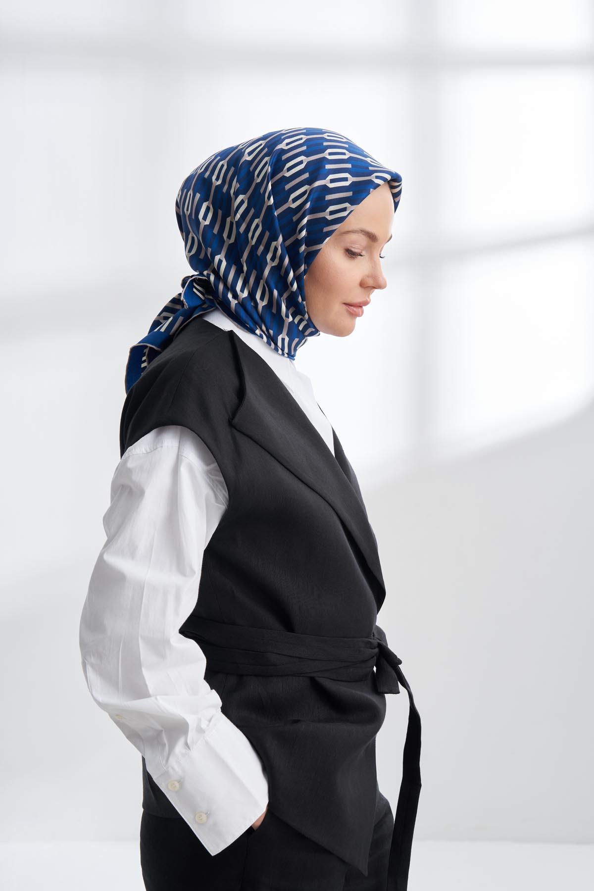 Armanda Line Desen Tivil İpek Eşarp 4304-Lacivert