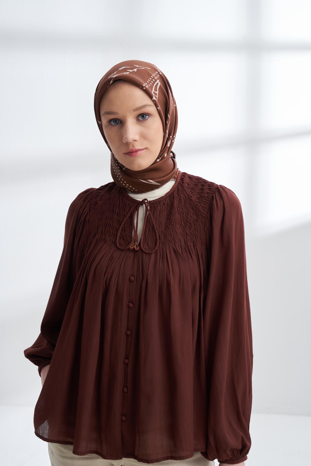 Armanda Muse Desen Çİft Taraflı Tivil İpek Eşarp 4313-Vizon Kahve