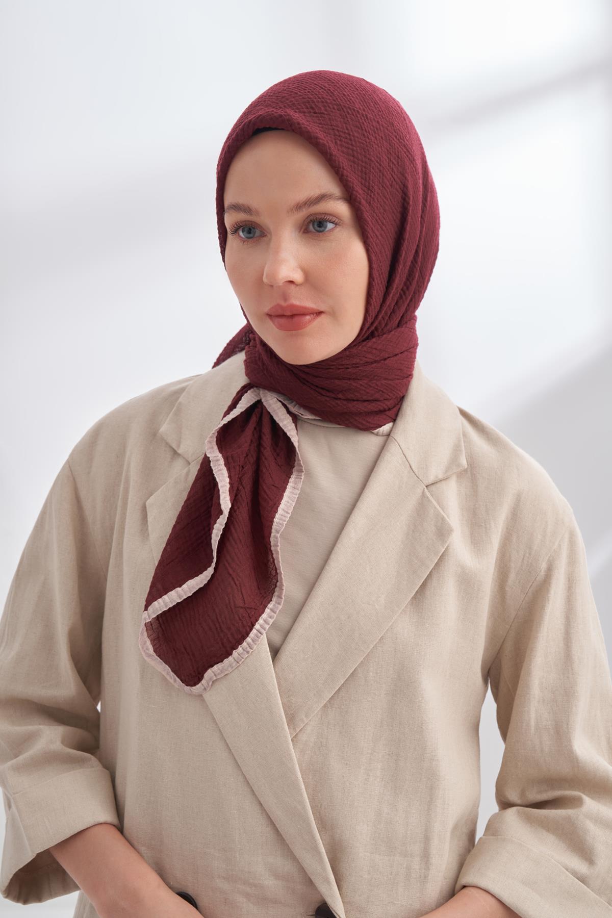Armanda Müslin Biyeli Eşarp 3353-Burgundy