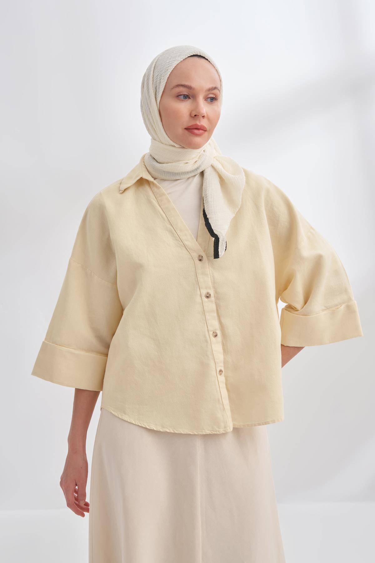 Armanda Müslin Biyeli Eşarp 3353-Ekru