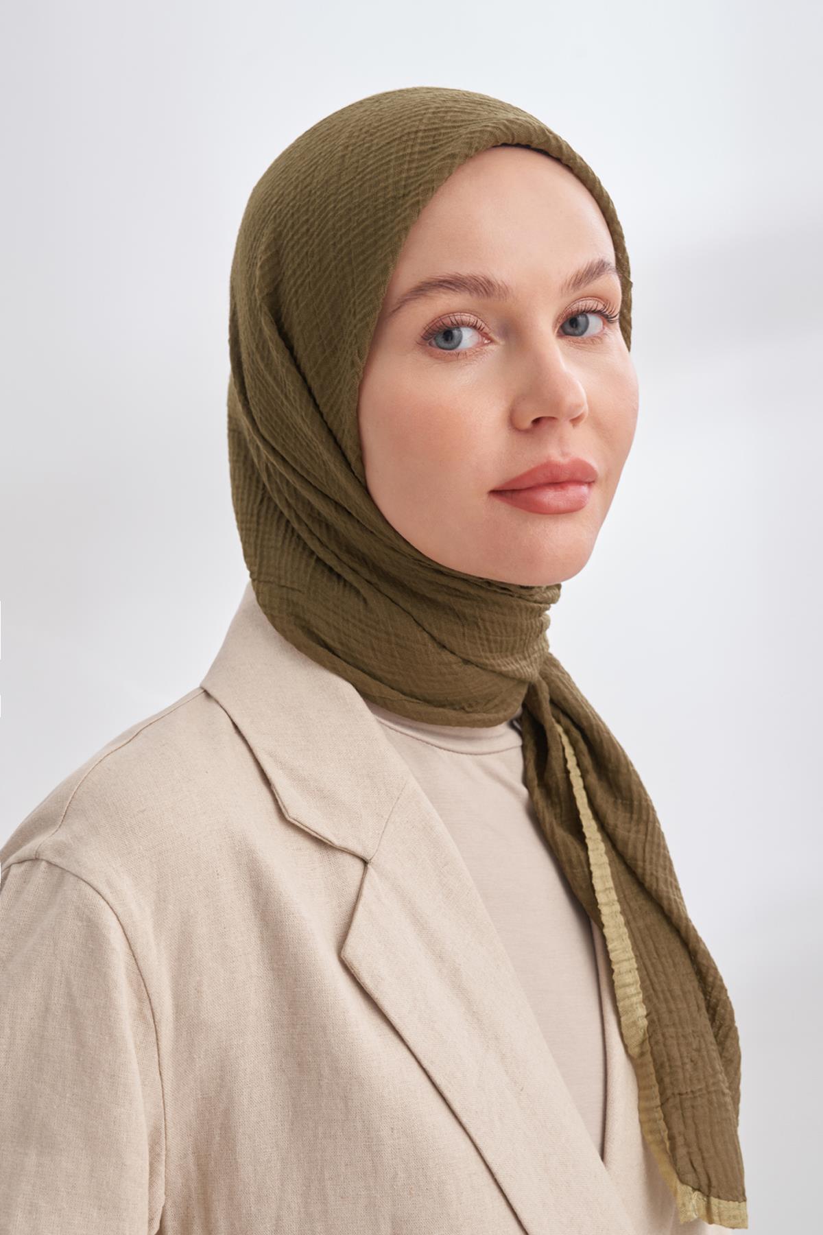 Armanda Müslin Biyeli Eşarp 3353-Haki