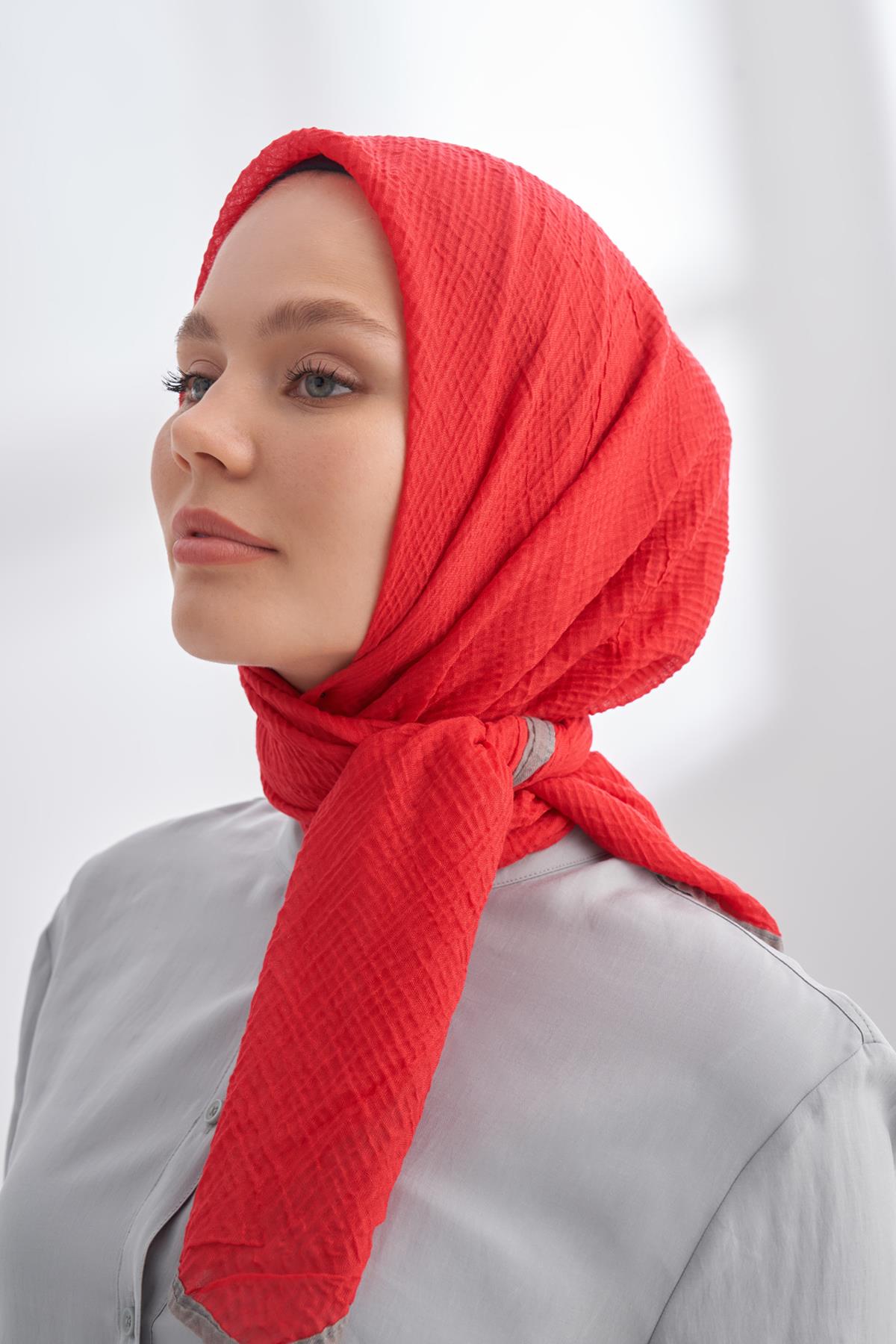 Armanda Müslin Biyeli Eşarp 3353-Kırmızı