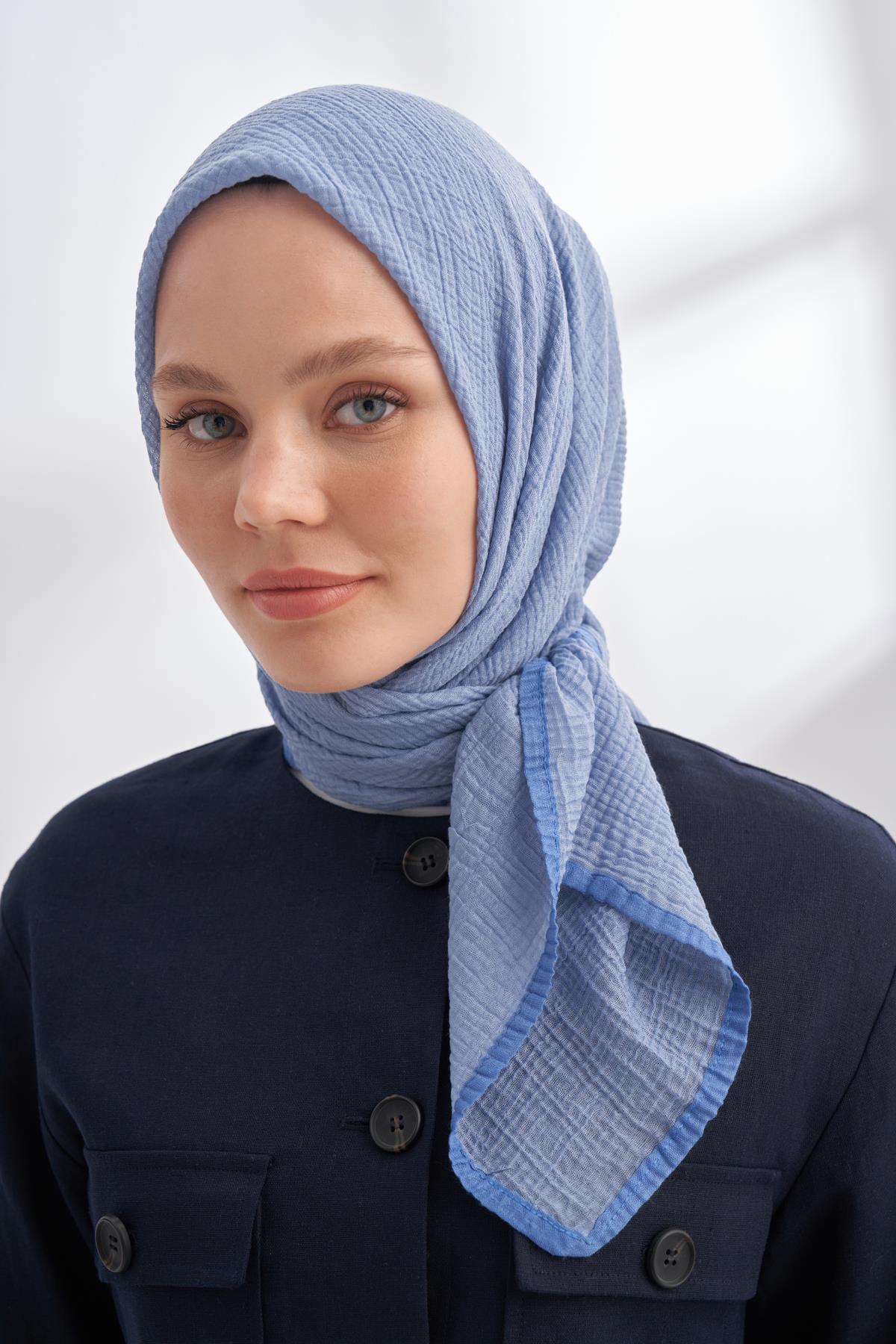 Armanda Müslin Biyeli Eşarp 3353-Kot Mavisi