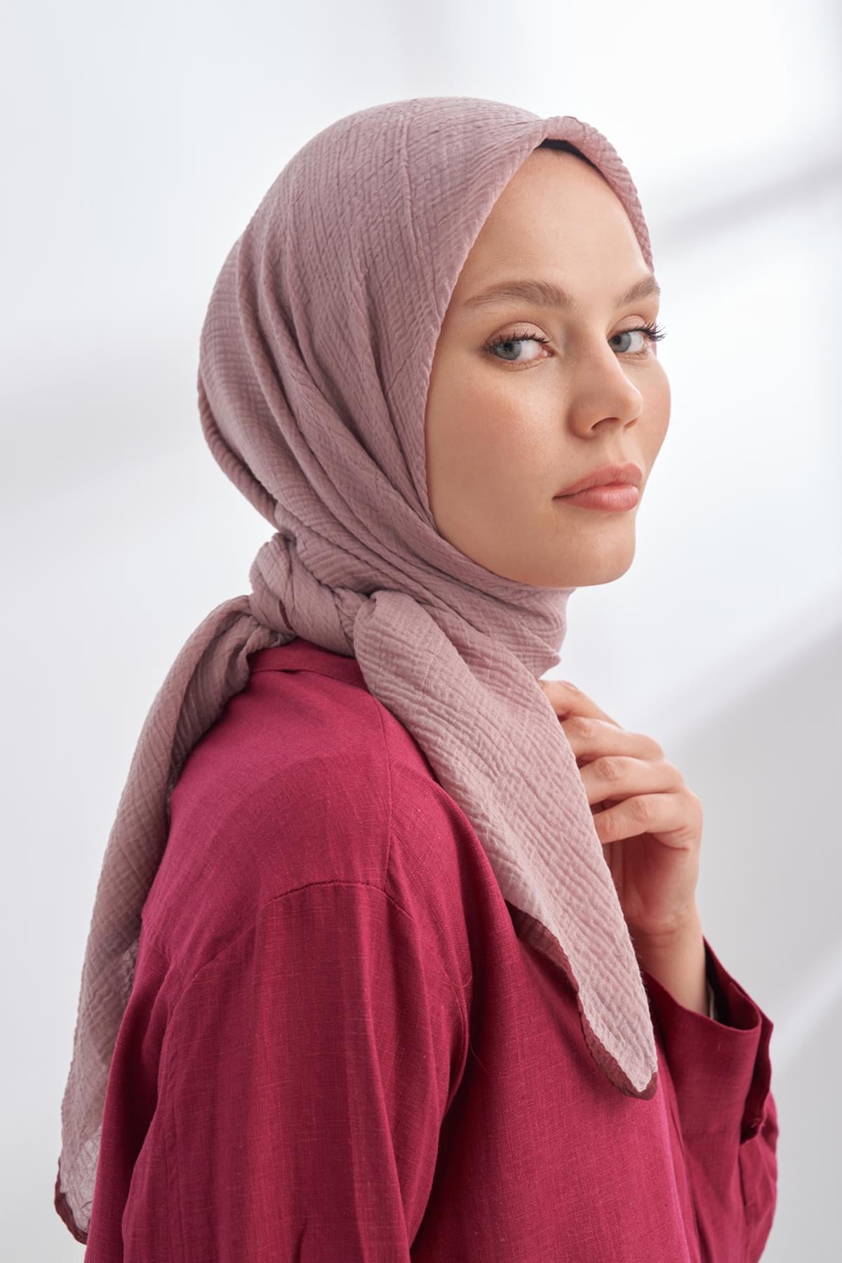 Armanda Müslin Biyeli Eşarp 3353-Koyu Pudra