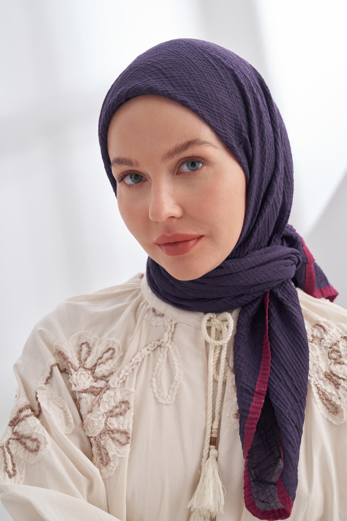 Armanda Müslin Biyeli Eşarp 3353-Mürdüm