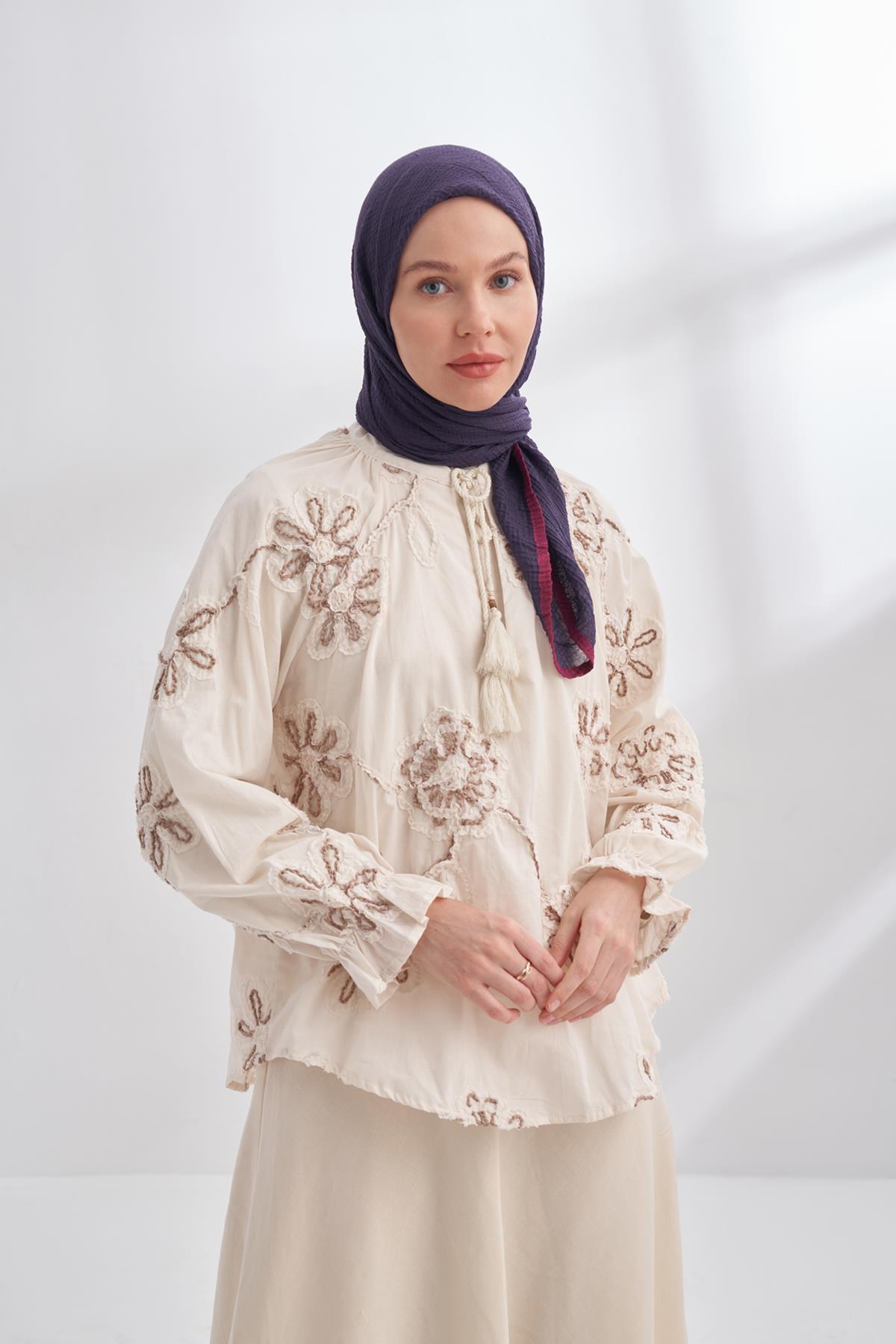 Armanda Müslin Biyeli Eşarp 3353-Mürdüm