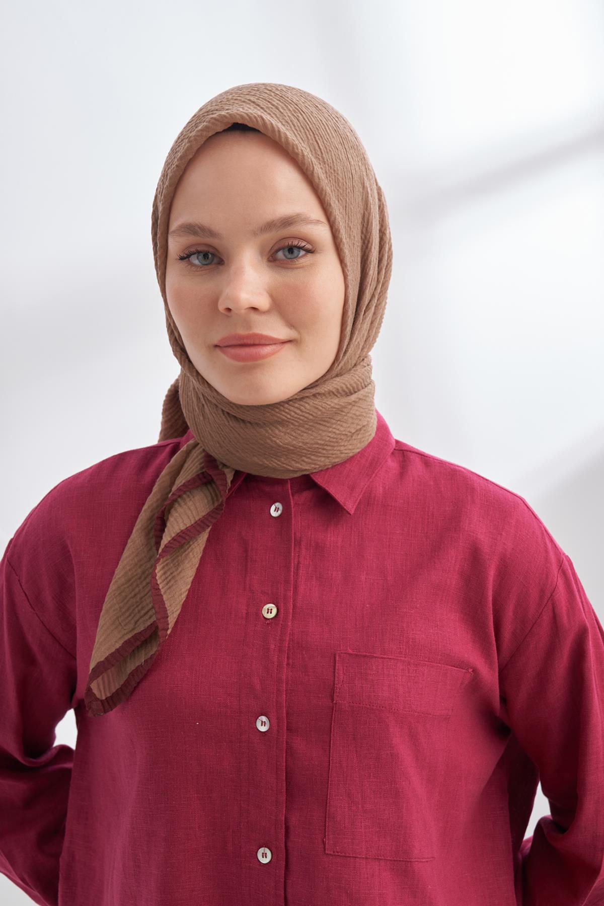 Armanda Müslin Biyeli Eşarp 3353-Vizon