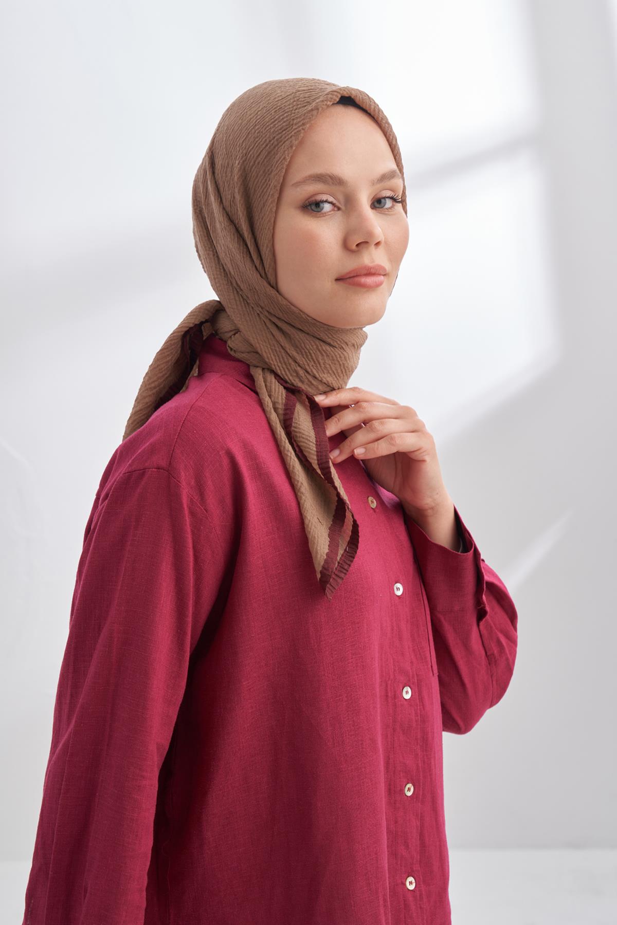 Armanda Müslin Biyeli Eşarp 3353-Vizon