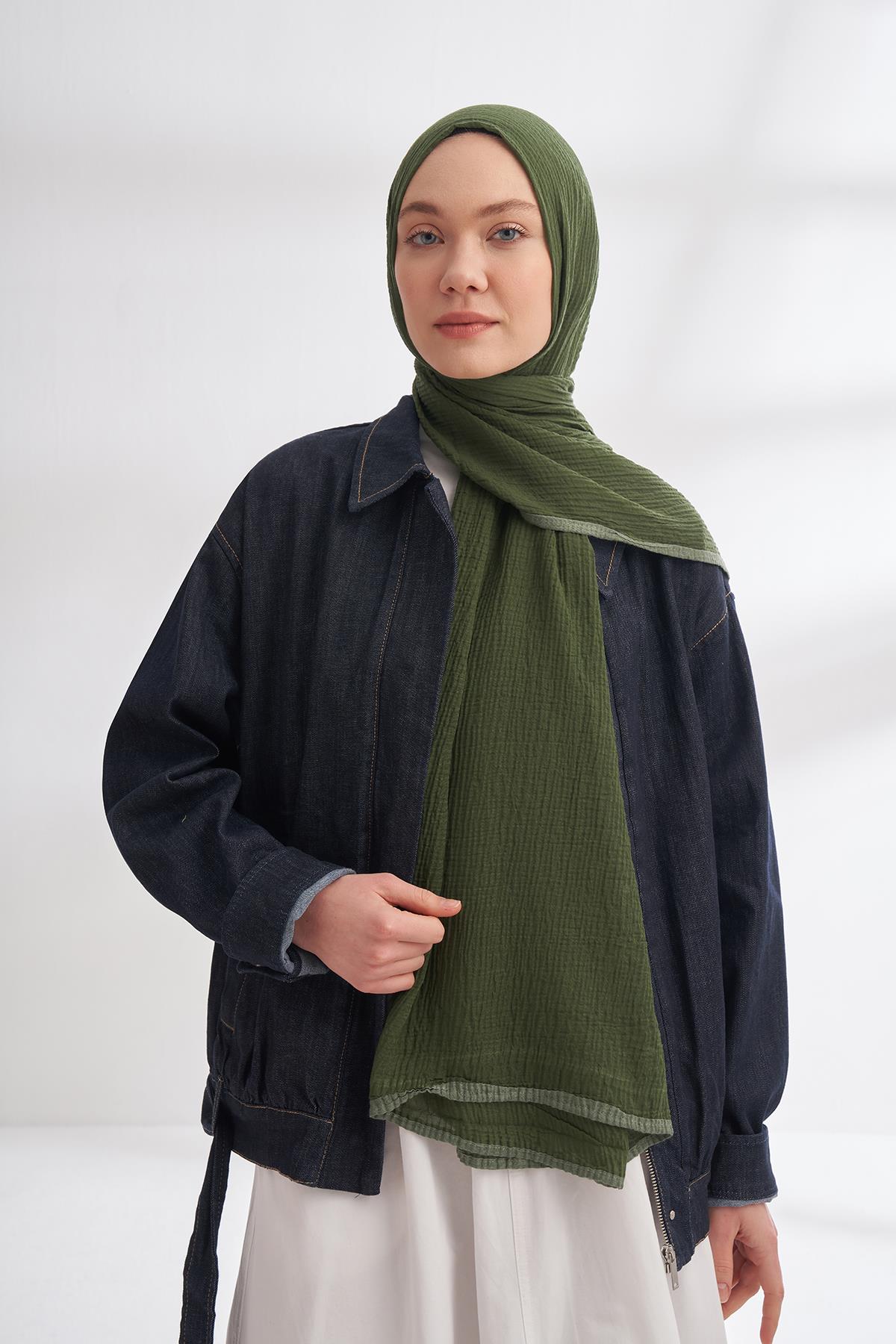 Armanda Müslin Biyeli Şal 3352-Çam Yeşili