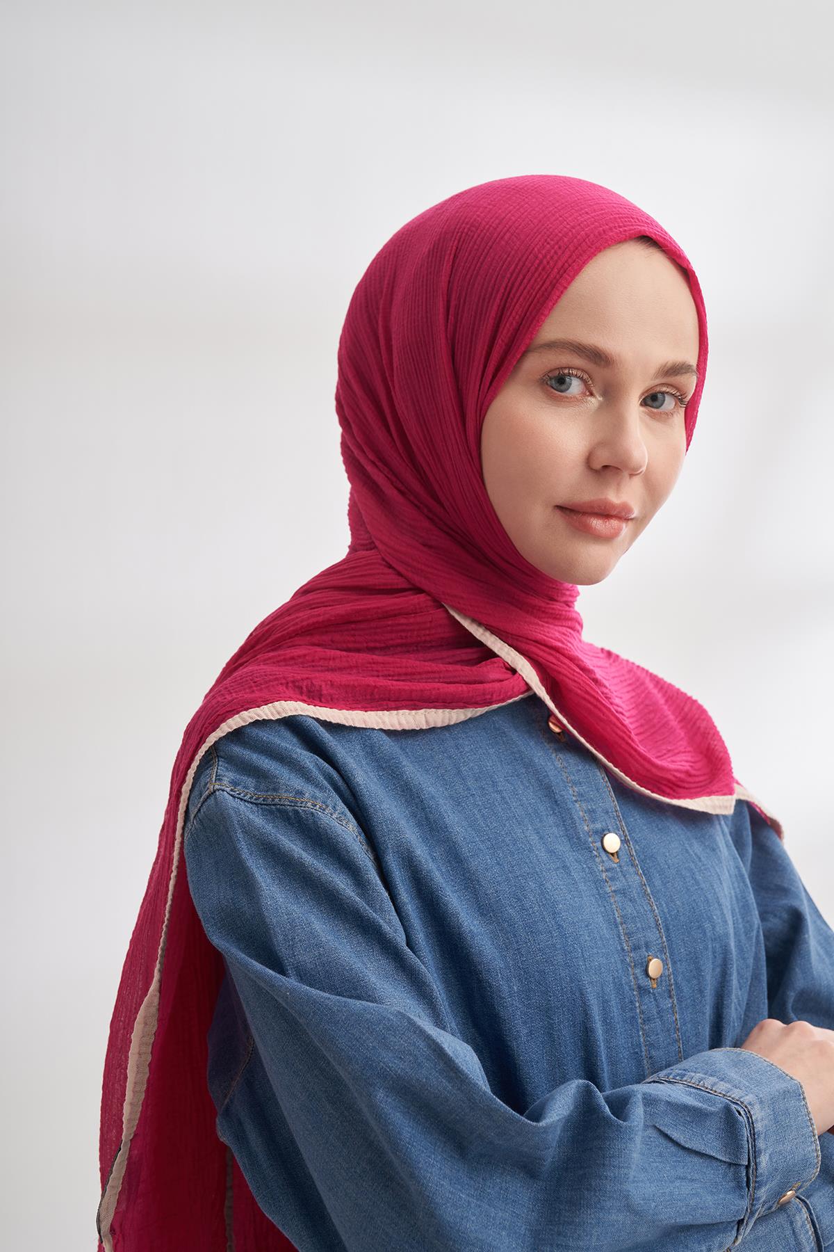 Armanda Müslin Biyeli Şal 3352-Fuşya