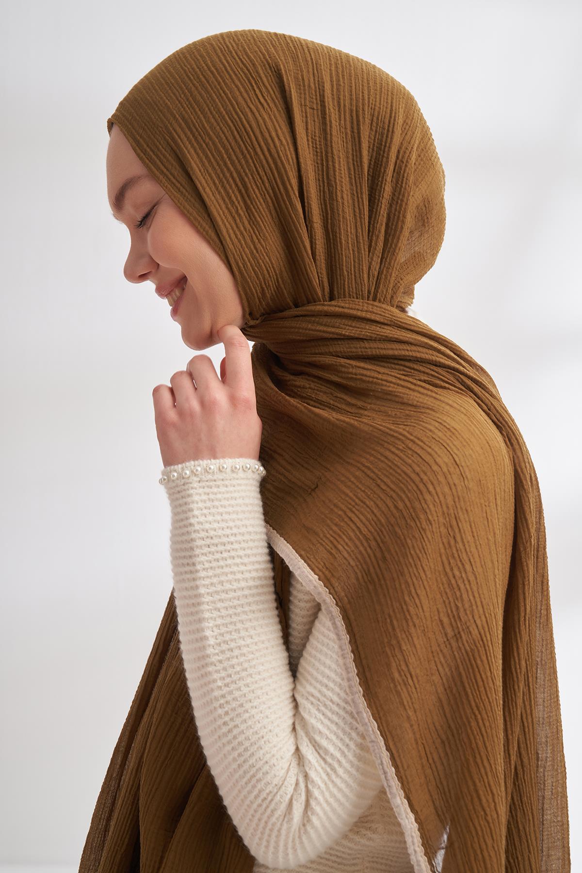 Armanda Müslin Biyeli Şal 3352-Koyu Yağ Yeşili