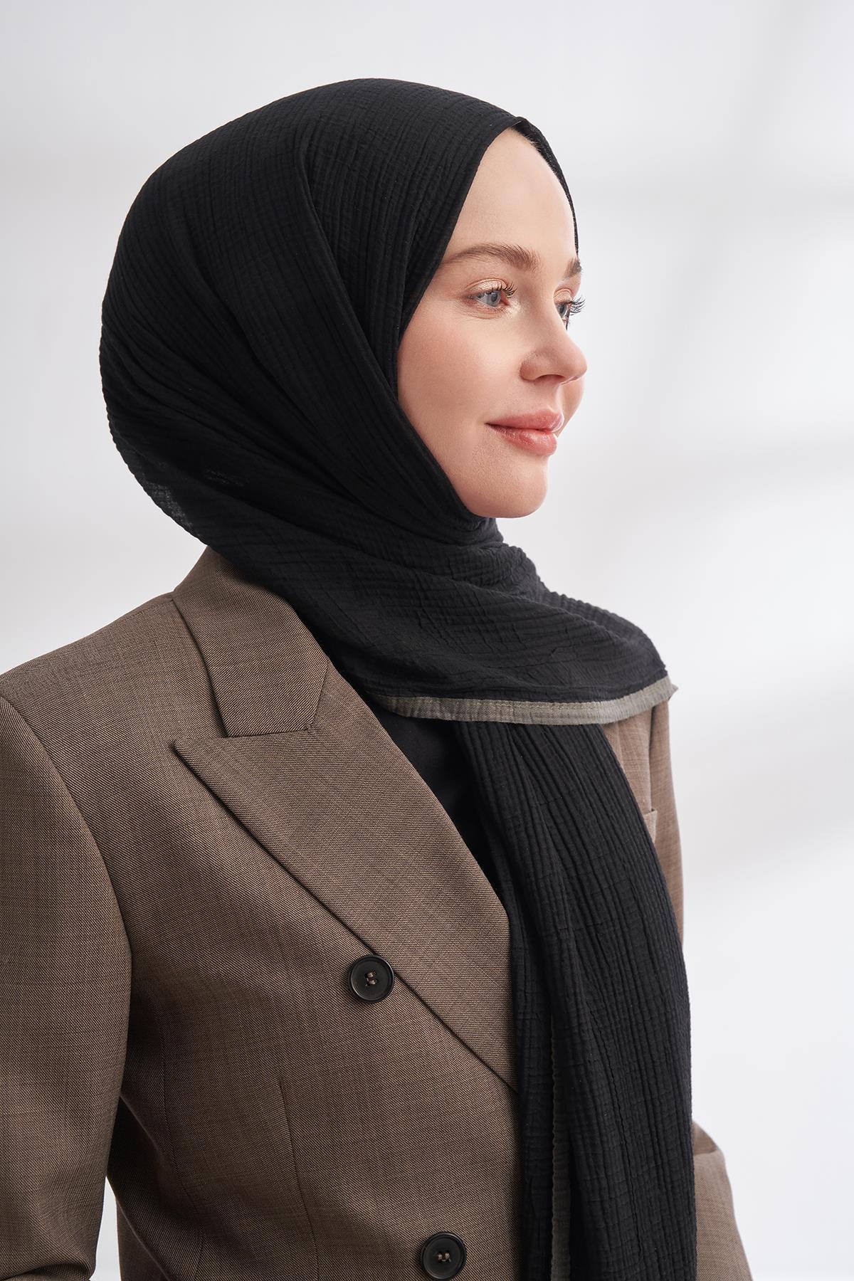 Armanda Müslin Biyeli Şal 3352-Siyah