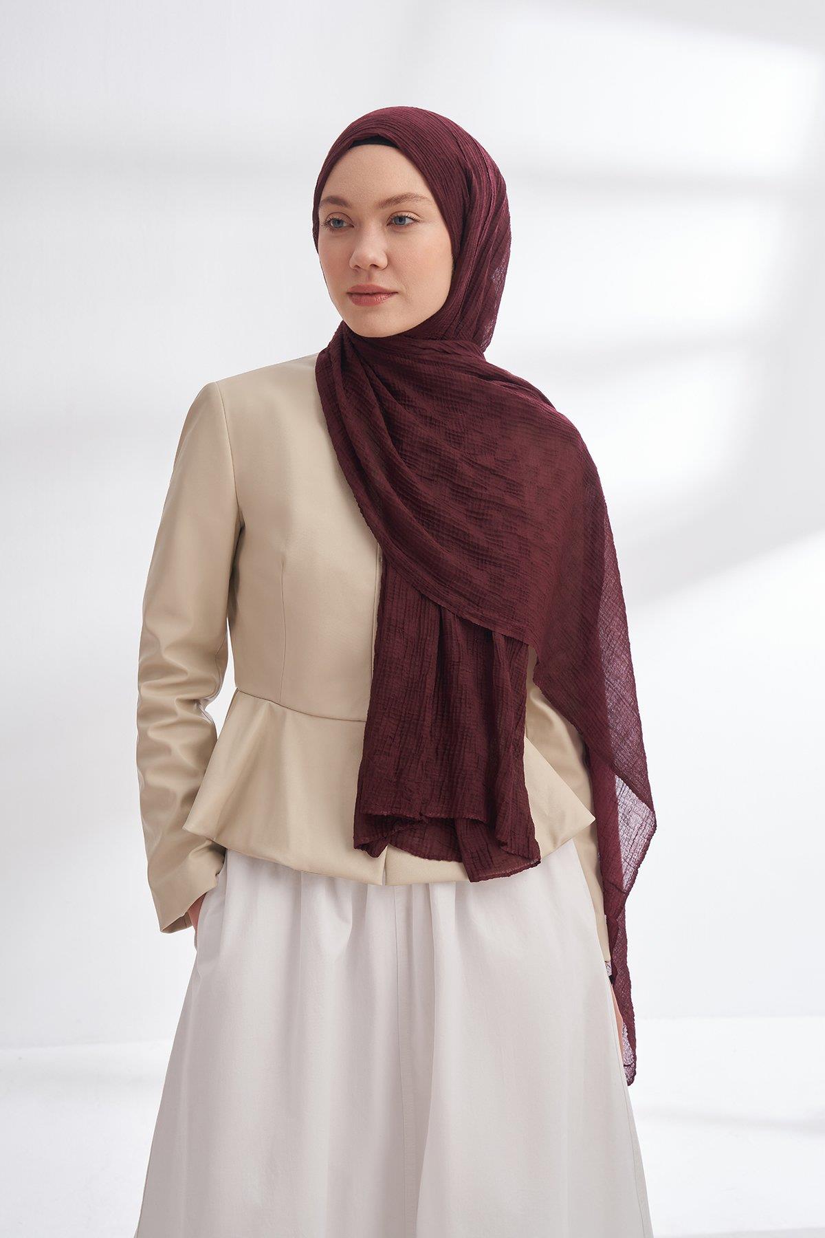 Armanda Müslin Dama Desen Şal 3350-Burgundy