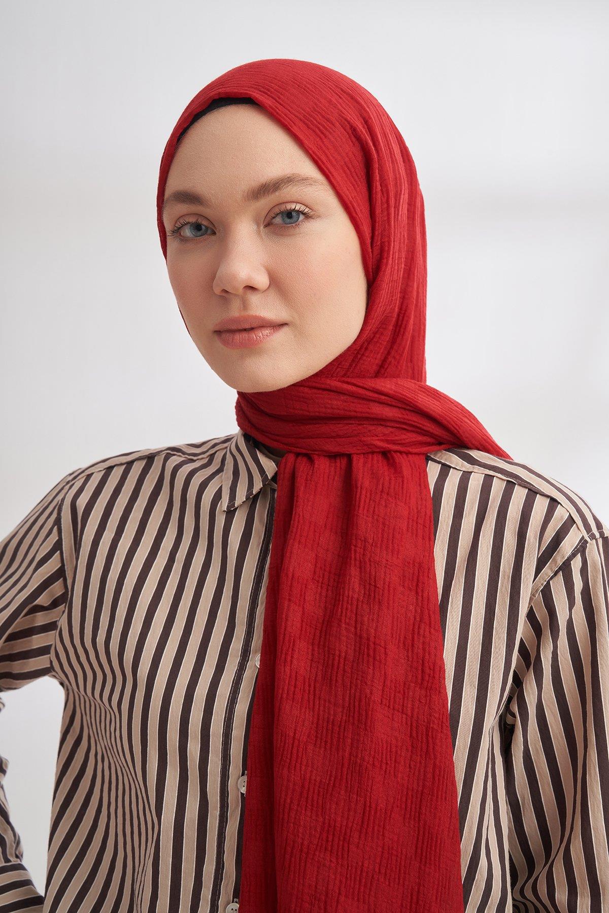 Armanda Müslin Dama Desen Şal 3350-Kırmızı