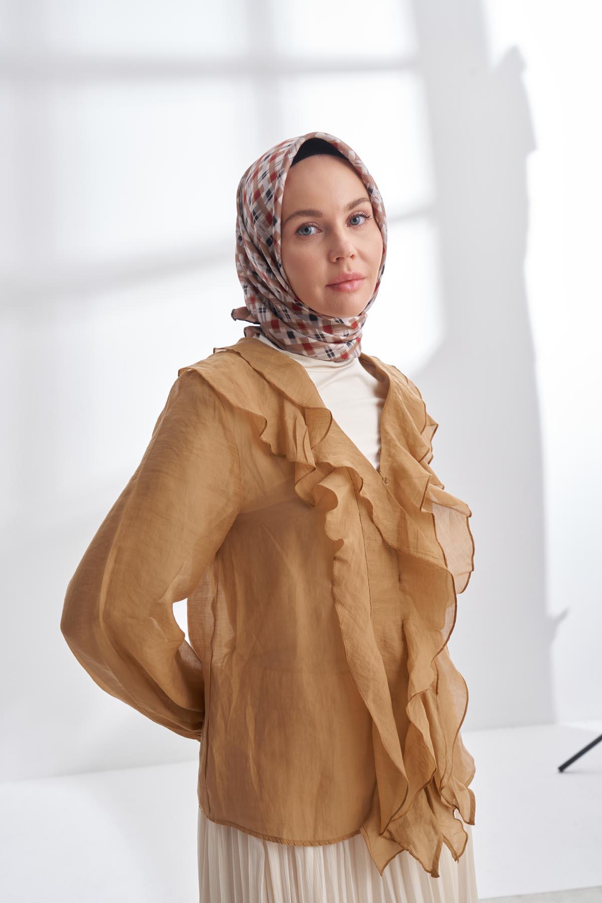 Armanda Network Desen Tivil İpek Eşarp 4307-Sütlü Kahve