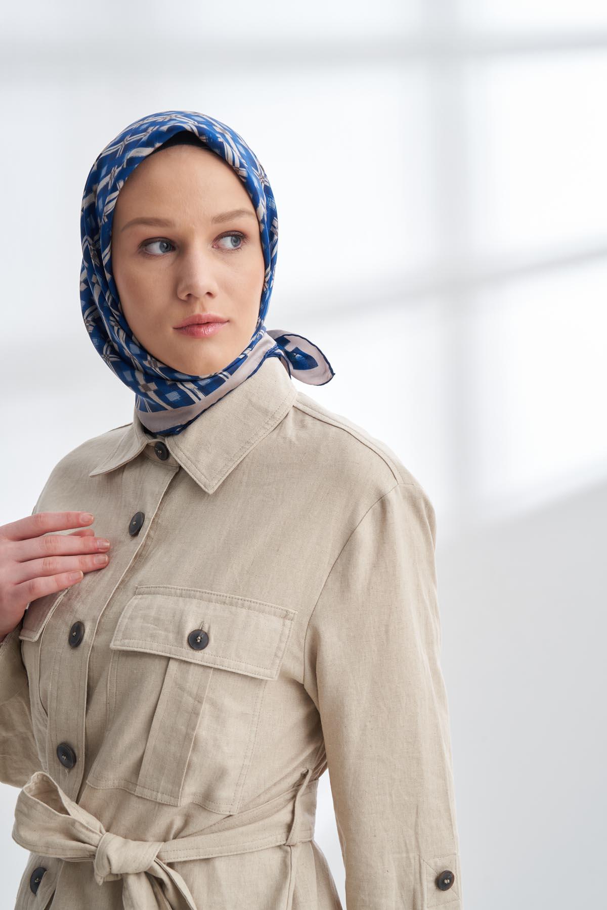 Armanda Network Desen Tivil İpek Eşarp 4307-İndigo