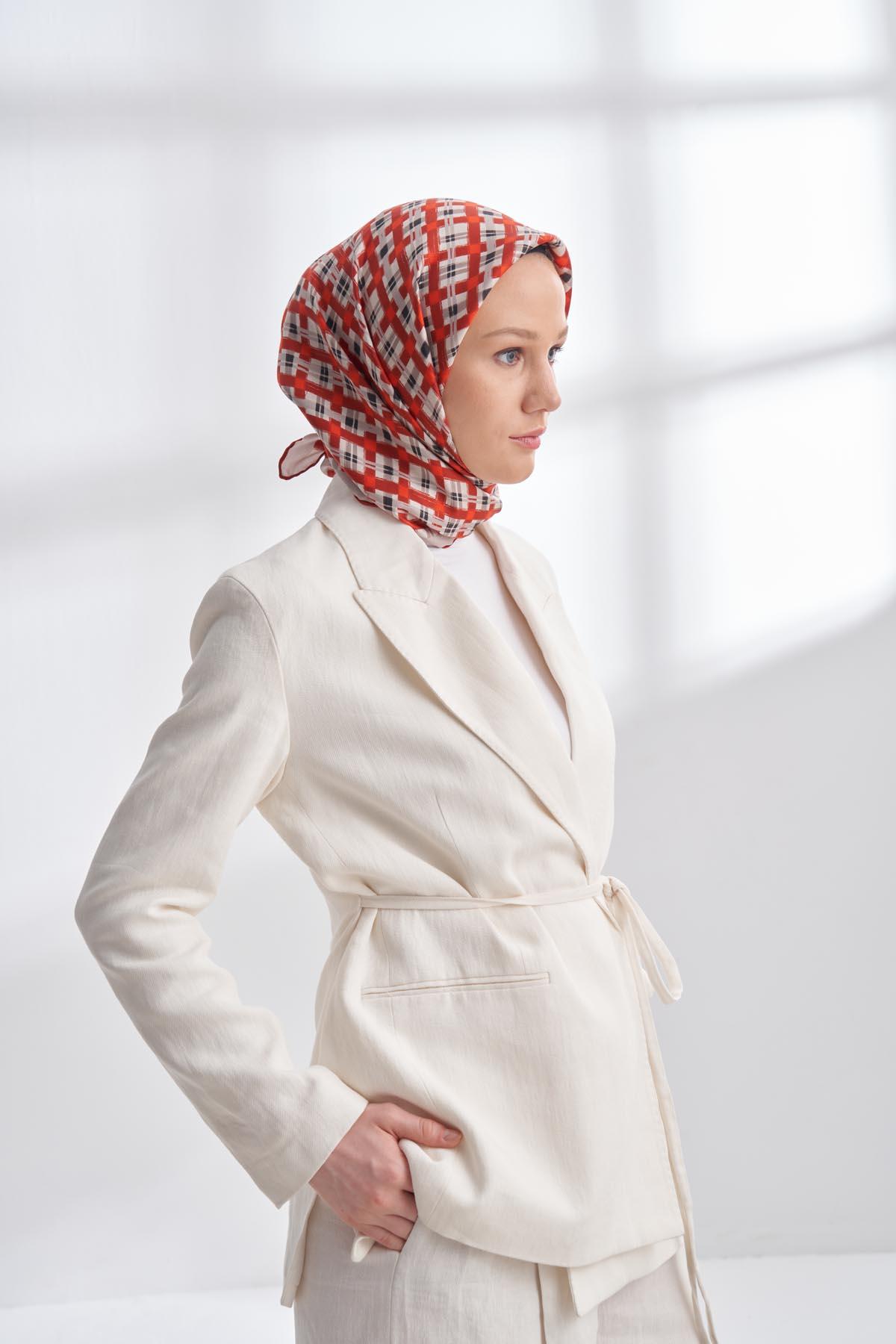 Armanda Network Desen Tivil İpek Eşarp 4307-Kırmızı