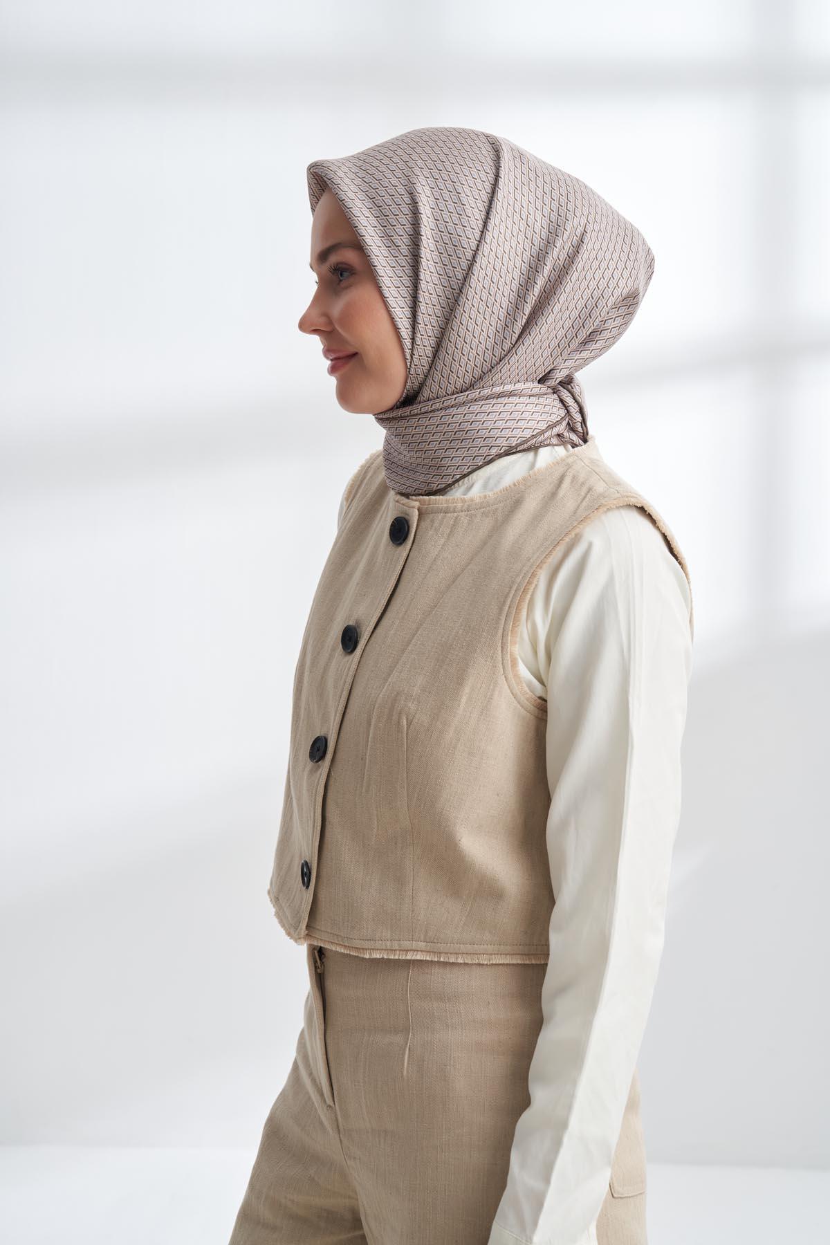 Armanda Noire Desen Tivil İpek Eşarp 4303-Vizon