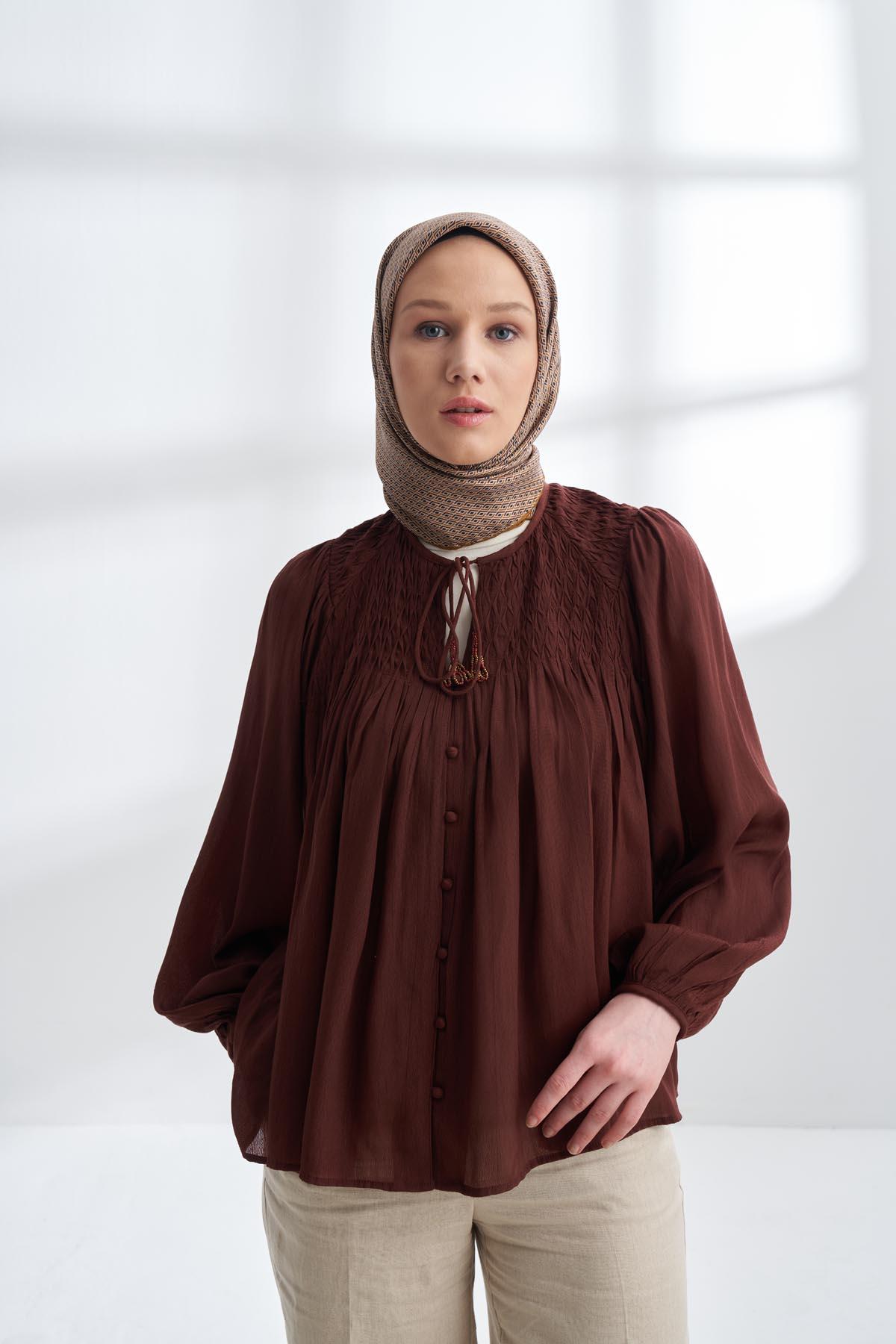 Armanda Noire Desen Tivil İpek Eşarp 4303-Karamel