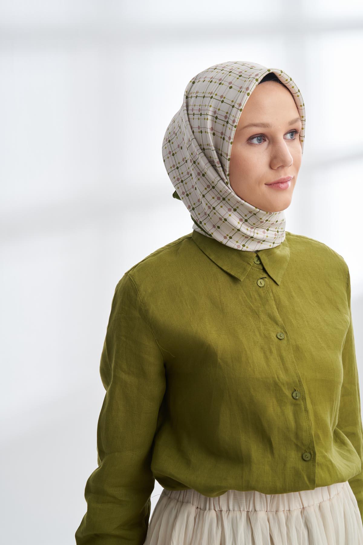 Armanda Orbis Desen Tivil İpek Eşarp 4306-Yağ Yesili