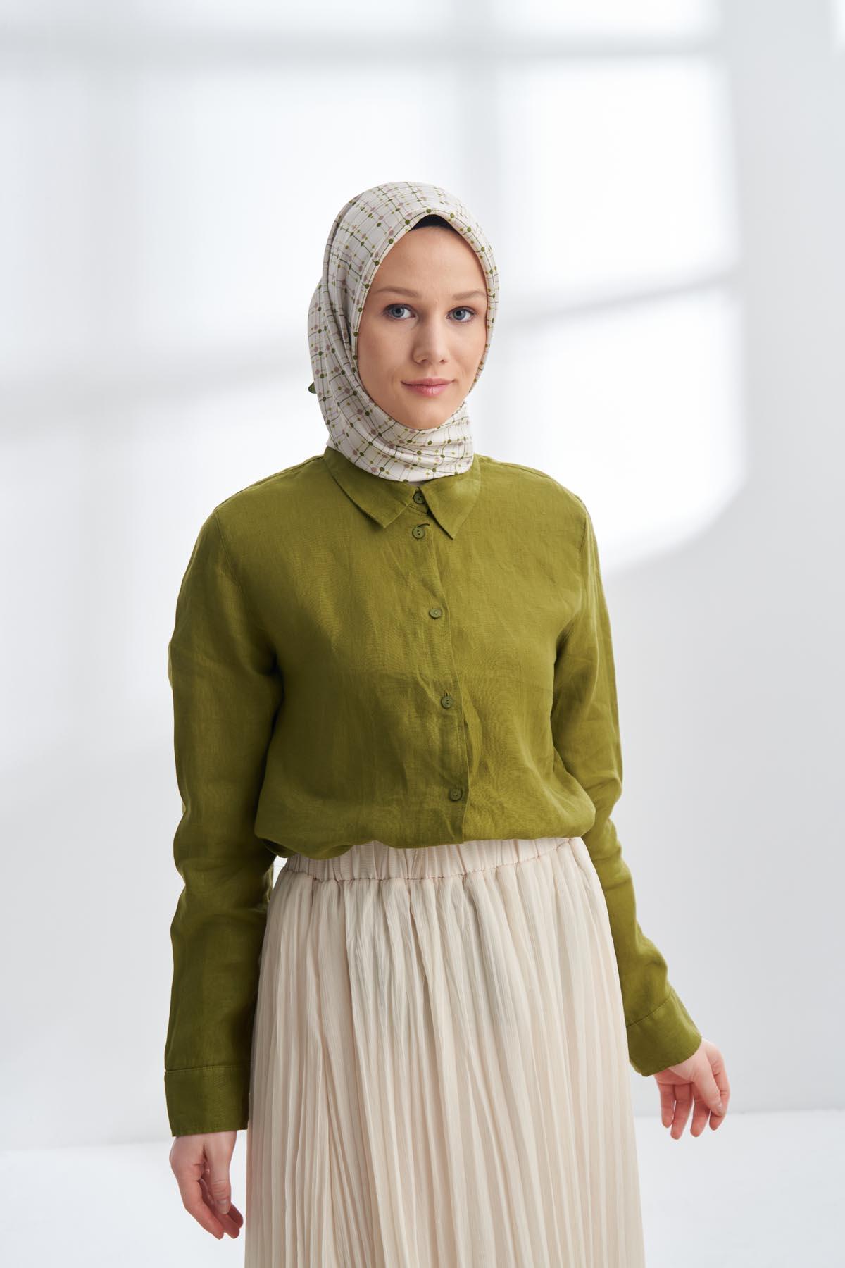 Armanda Orbis Desen Tivil İpek Eşarp 4306-Yağ Yesili