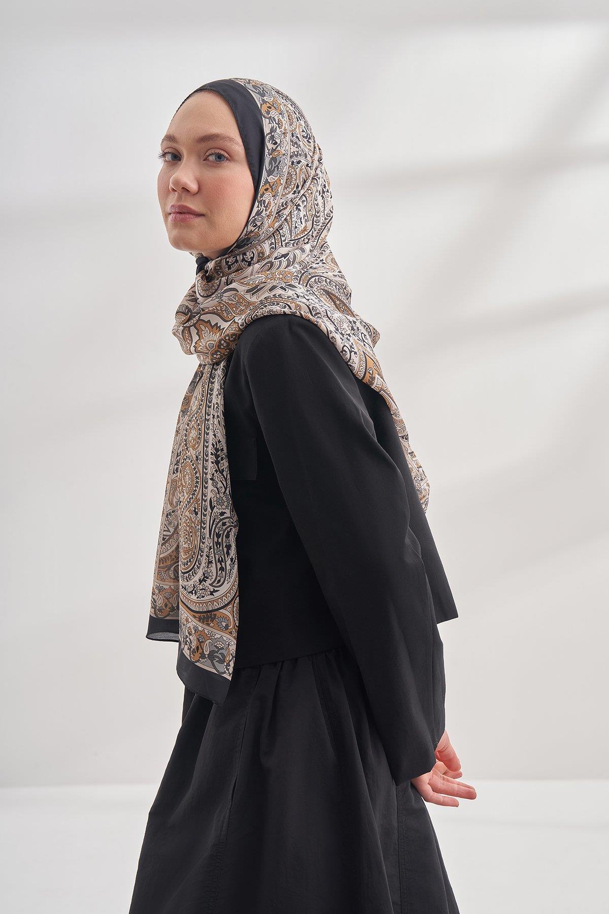 Armanda Özel Seri Etnik Desen Şal 6035-Siyah Krem