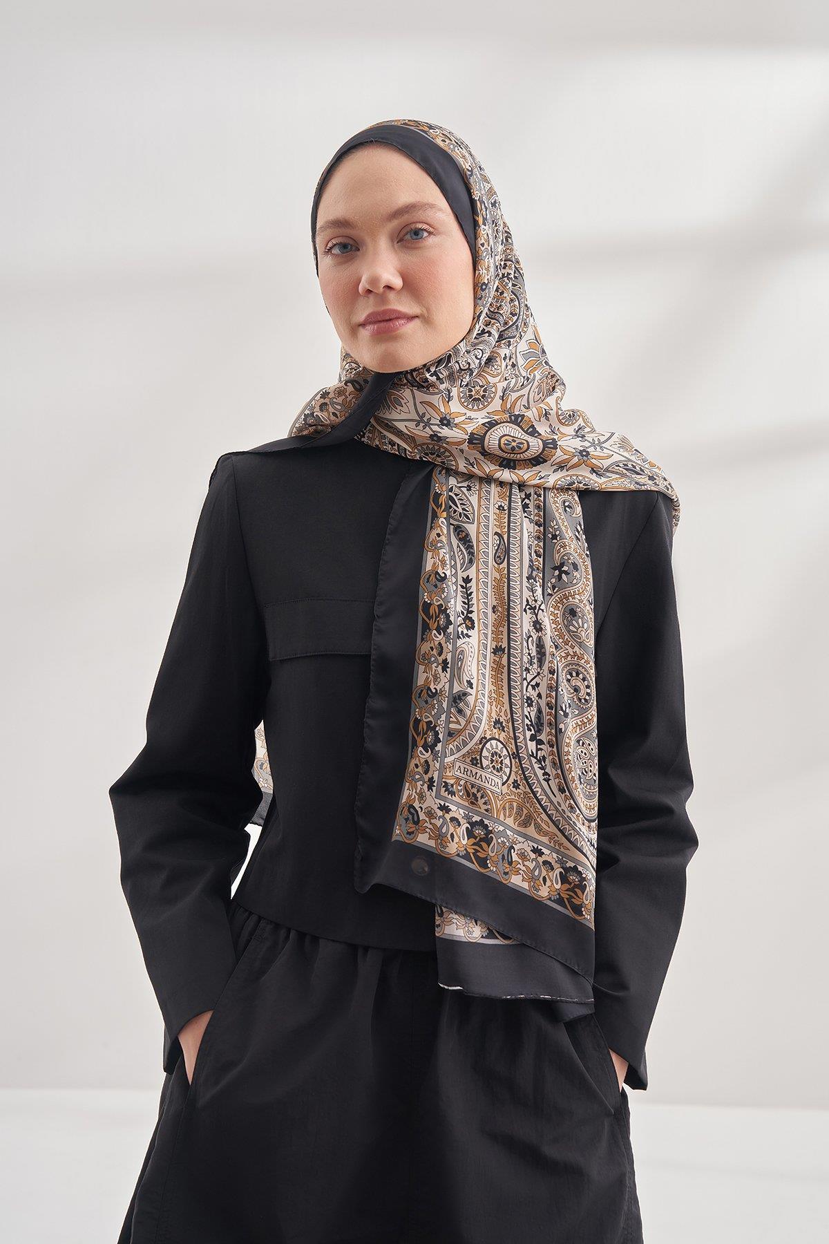 Armanda Özel Seri Etnik Desen Şal 6035-Siyah Bej