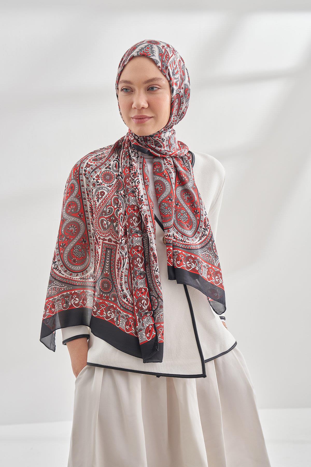 Armanda Özel Seri Etnik Desen Şal 6035-Siyah Kırmızı